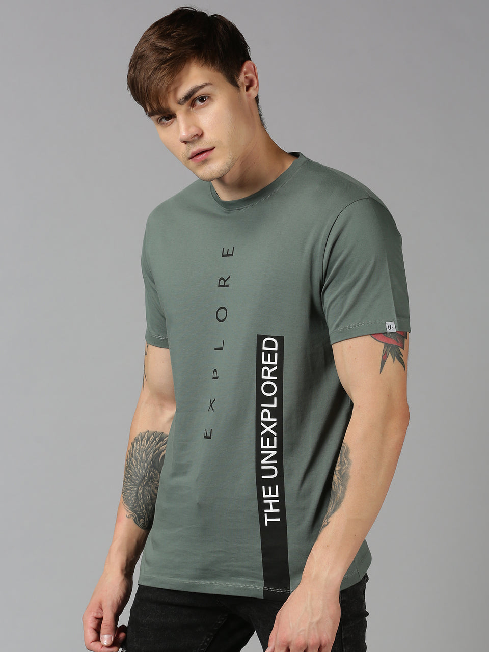 Men olive green printed round neck t-shirt