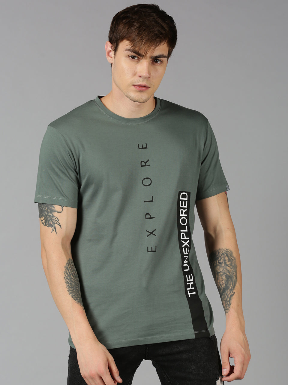 Men olive green printed round neck t-shirt