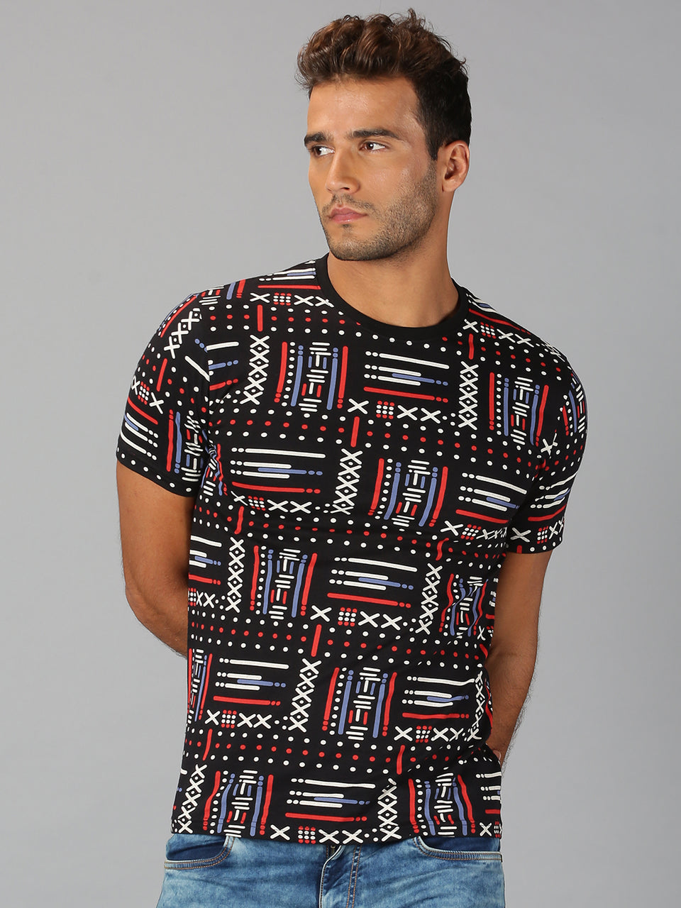 Men Black All Over Printed Round Neck Organic Cotton Half Sleeve Regular Fit Casual T-Shirt