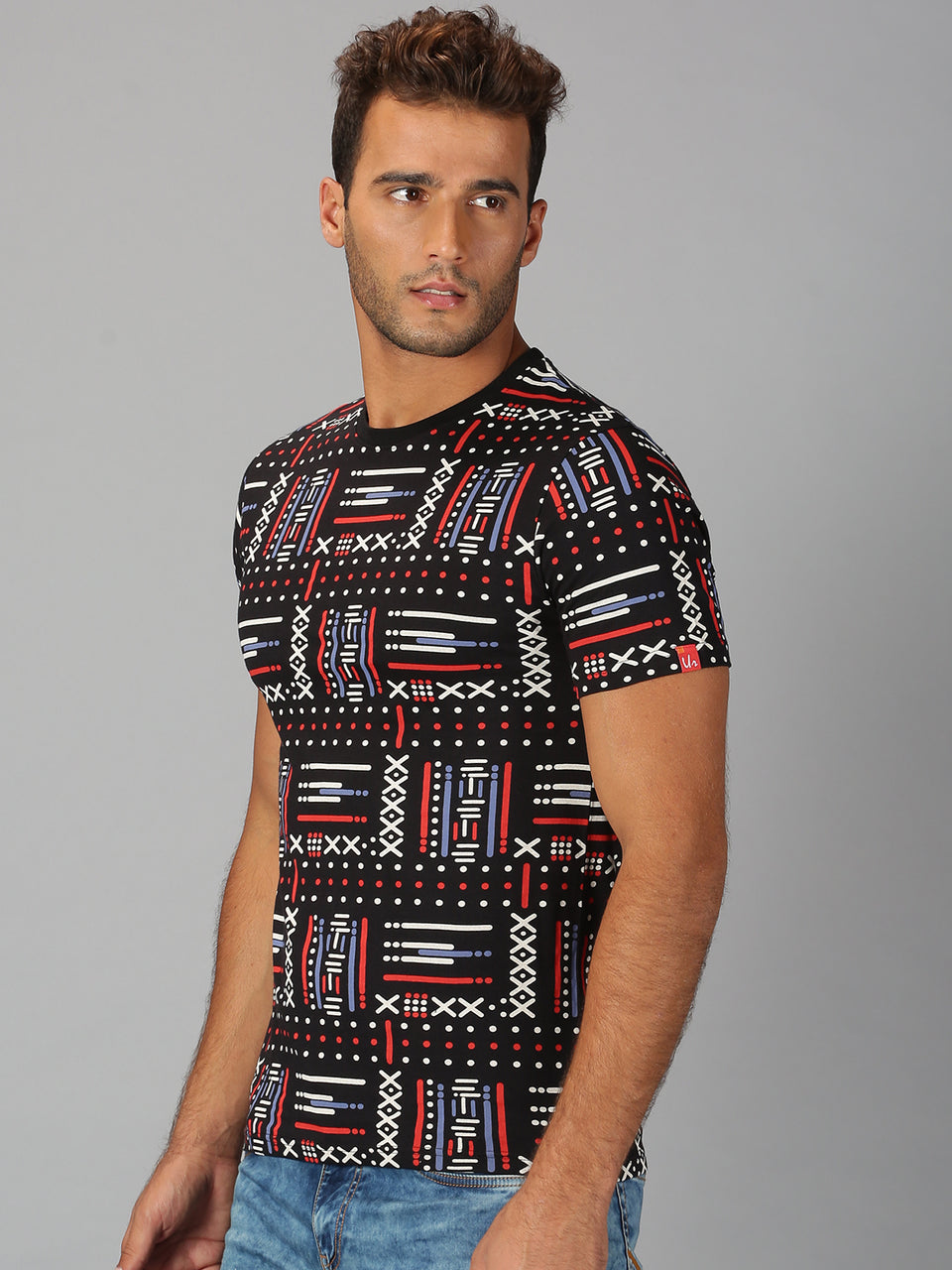 Men Black All Over Printed Round Neck Organic Cotton Half Sleeve Regular Fit Casual T-Shirt