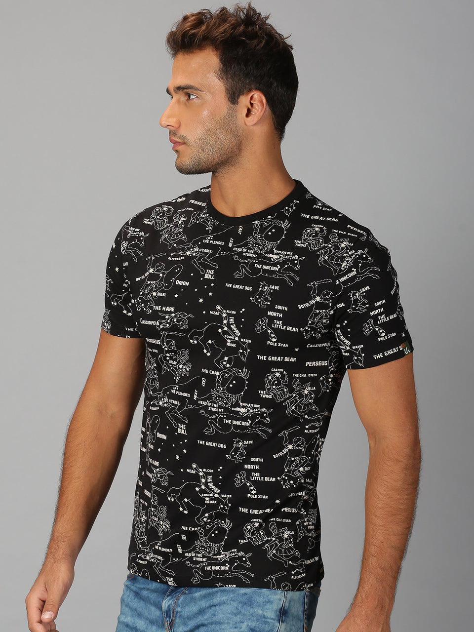Men Black White All Over Printed Round Neck Organic Pure Cotton Half Sleeve Regular Fit Casual T-Shirt