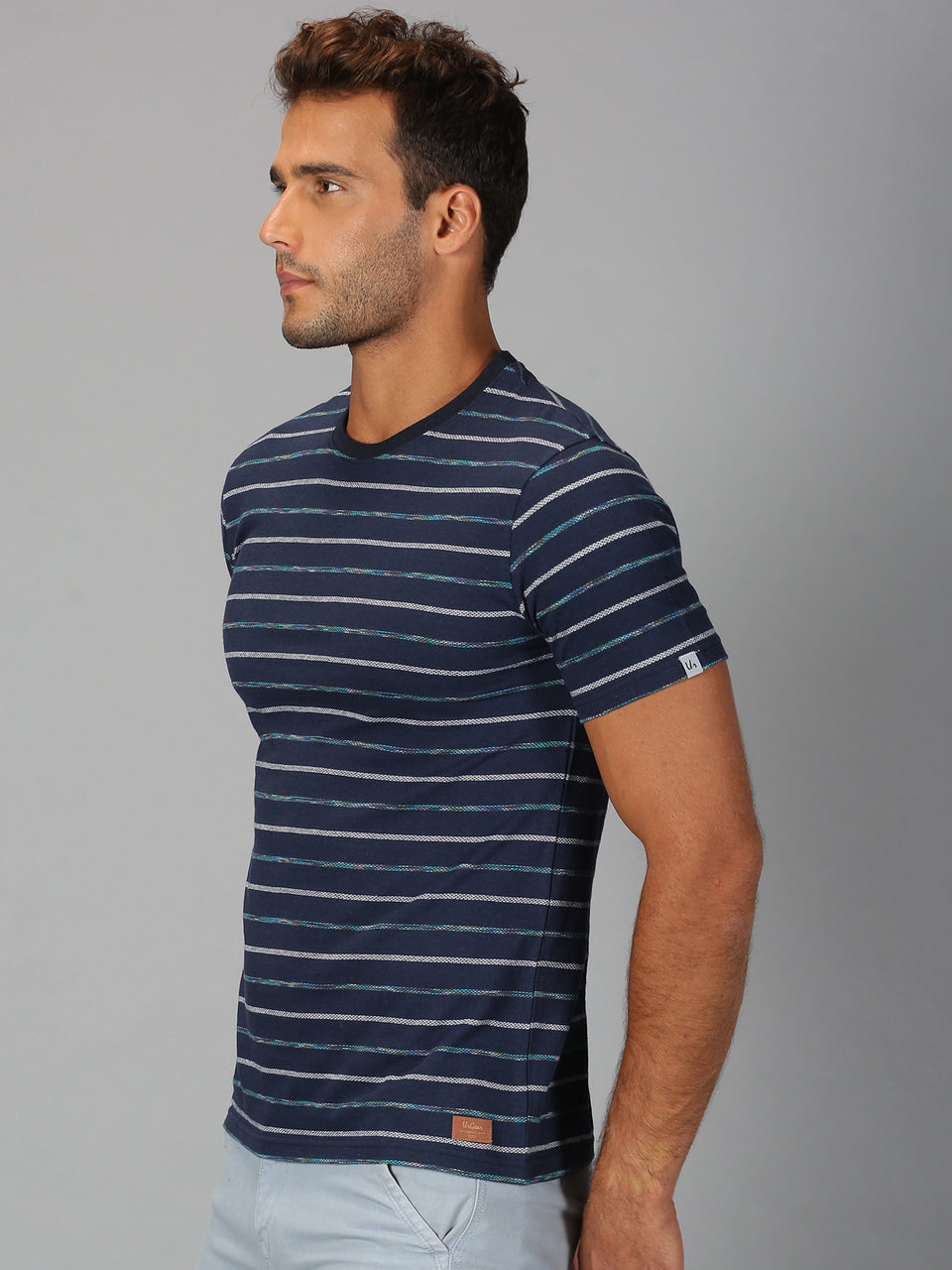 Men Navy Blue Space Dyed White Stripes Round Neck Organic Pure Cotton Half Sleeve Regular Fit Casual T Shirt