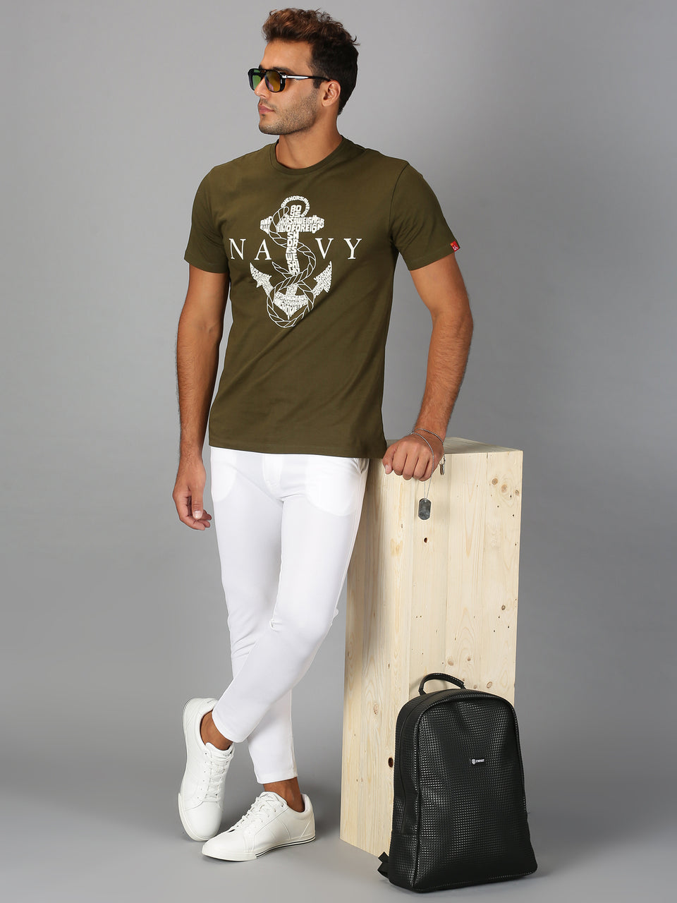 Men Olive Green Printed Round Neck Organic Cotton Half Sleeve Regular Fit Casual T-Shirt