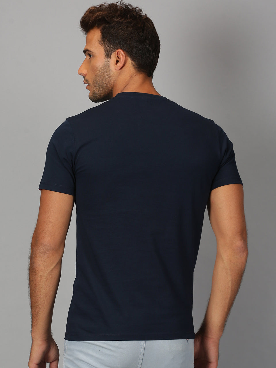 Men Navy Blue Trendy Chest Printed Round Neck Organic Pure Cotton Half Sleeve Regular Fit Casual T Shirt