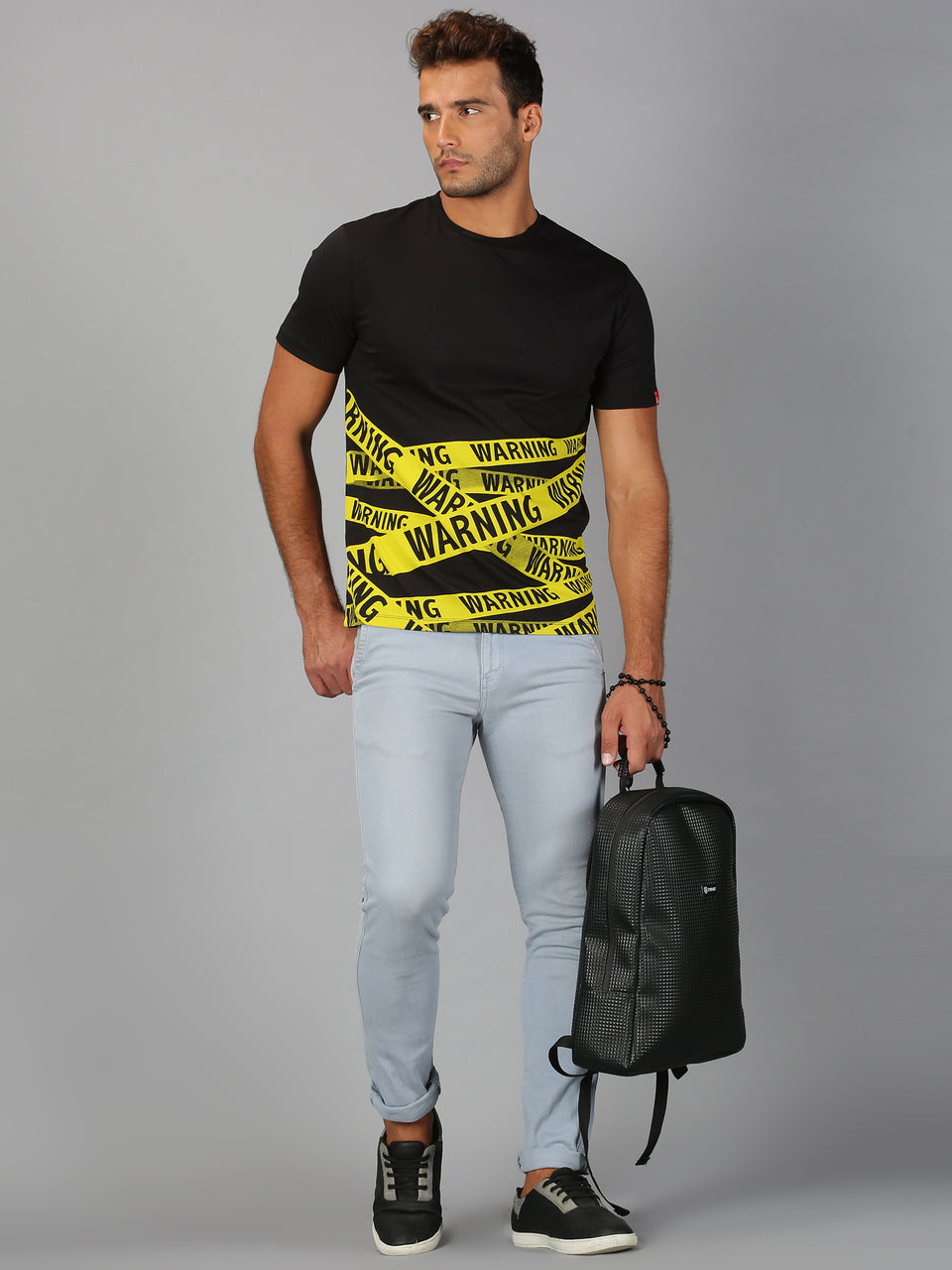 Men Black Yellow Trendy Typographic Striped Printed Round Neck Organic Pure Cotton Half Sleeve Regular Fit Casual T Shirt