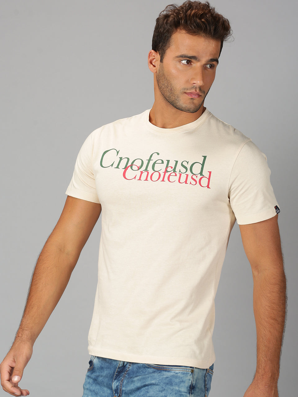 Men Beige Typographic Printed Round Neck Organic Cotton Half Sleeve Casual T-Shirt