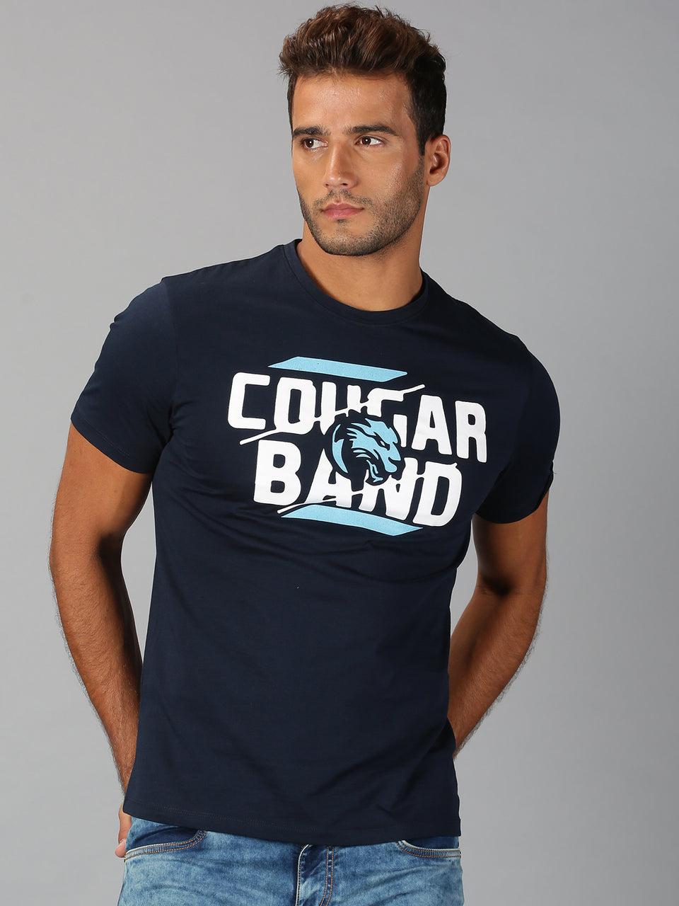 Men Navy Blue Printed Round Neck Organic Cotton Half Sleeve Casual T-Shirt