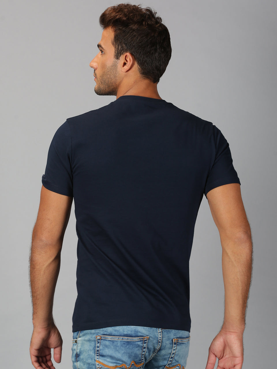 Men Navy Blue Printed Round Neck Organic Cotton Half Sleeve Casual T-Shirt