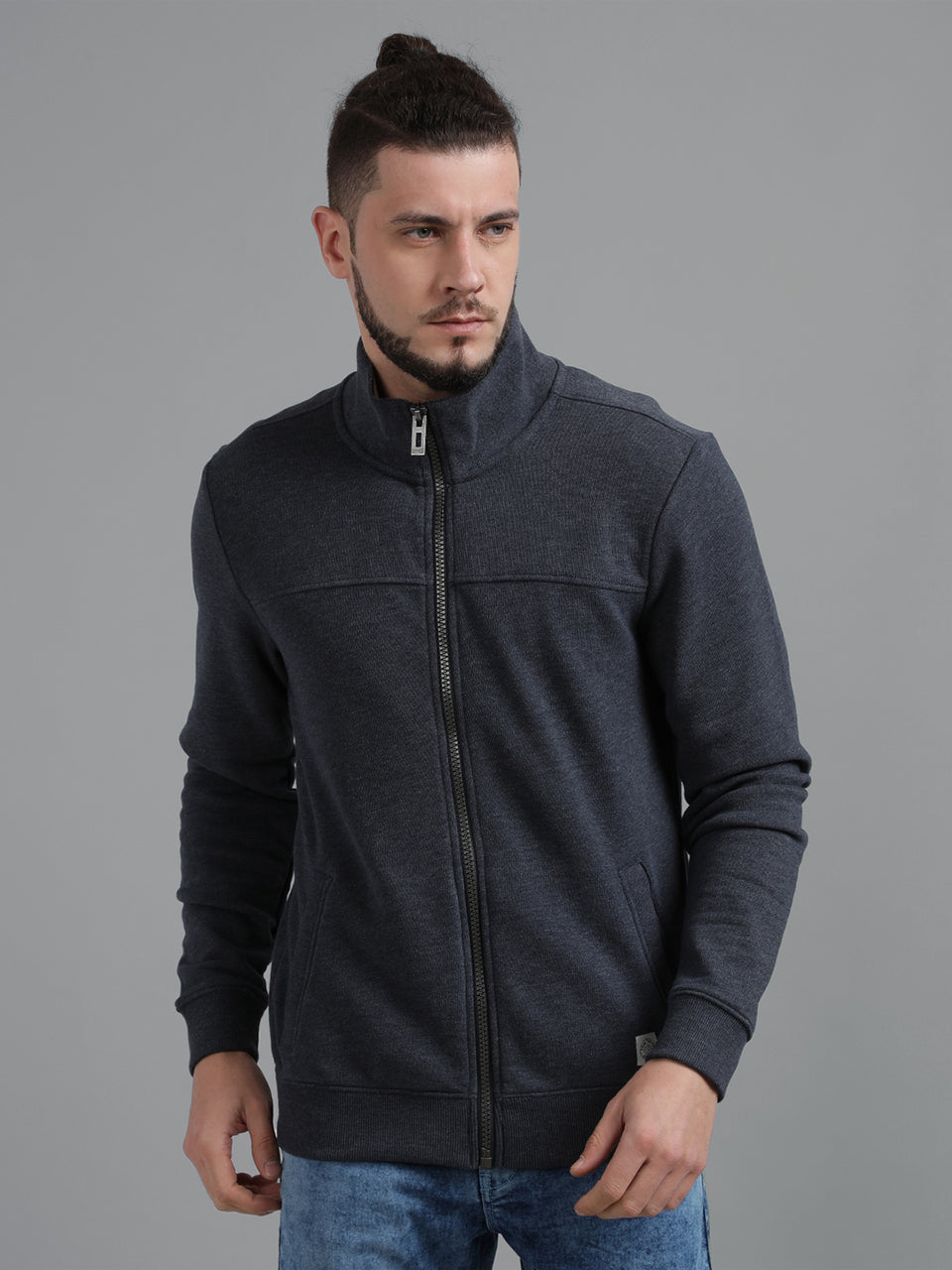 Men Dark Blue Plain Solid Self Design High Neck Recycled Cotton Full Sleeve Regular Fit Front Open Zipper Casual Winter Wear Sweatshirt