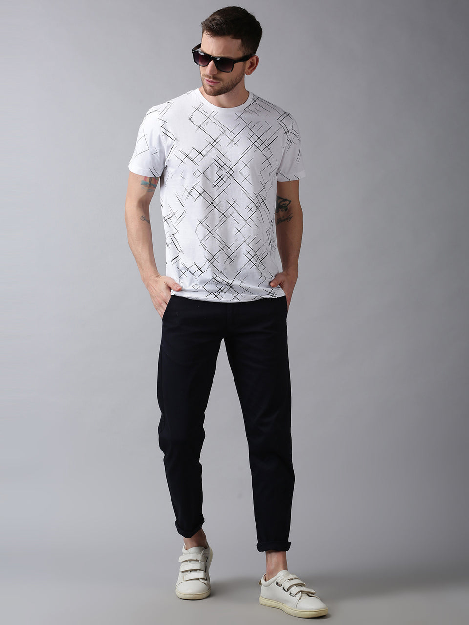 Men White Black Cross Printed Round Neck Organic Pure Cotton Half Sleeve Regular Fit Casual T-Shirt