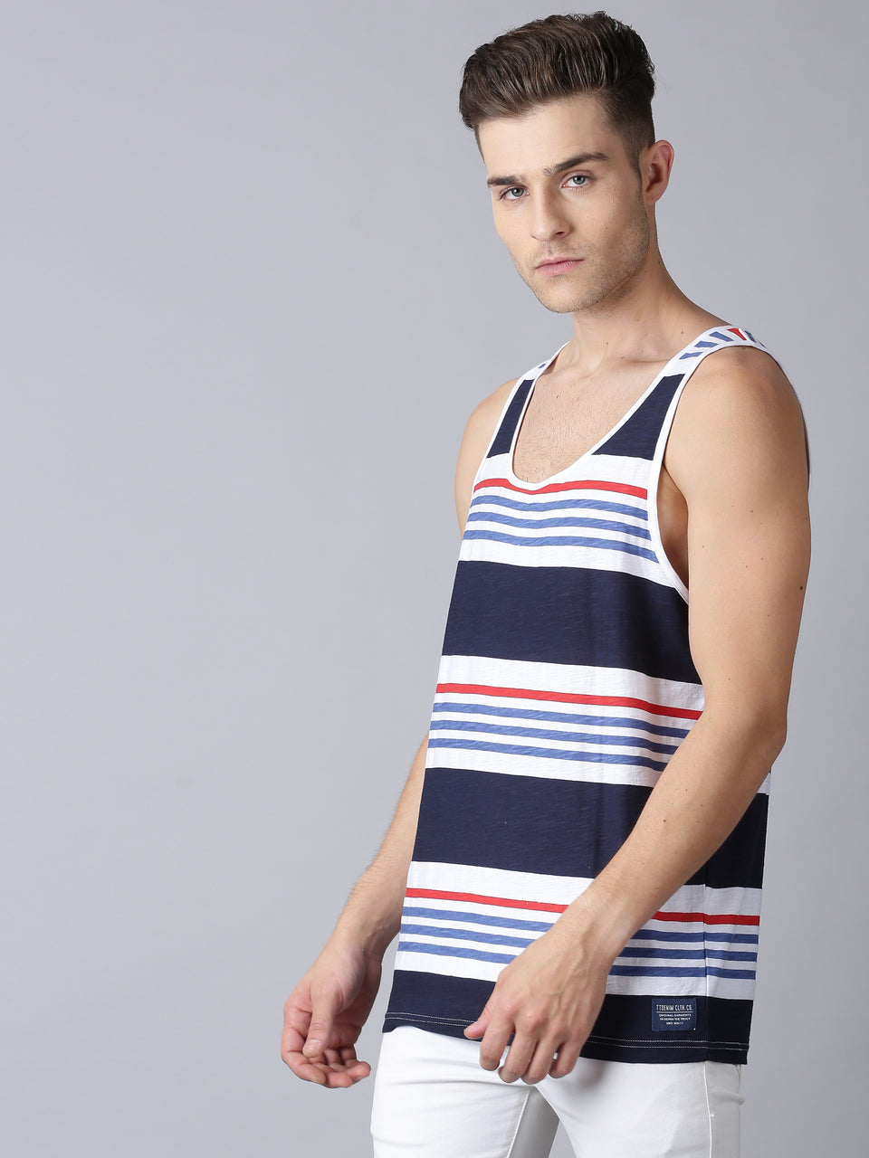 Men Blue Multicolor Striped Round Neck Recycled Cotton Sleeveless Regular Fit Casual T-Shirt