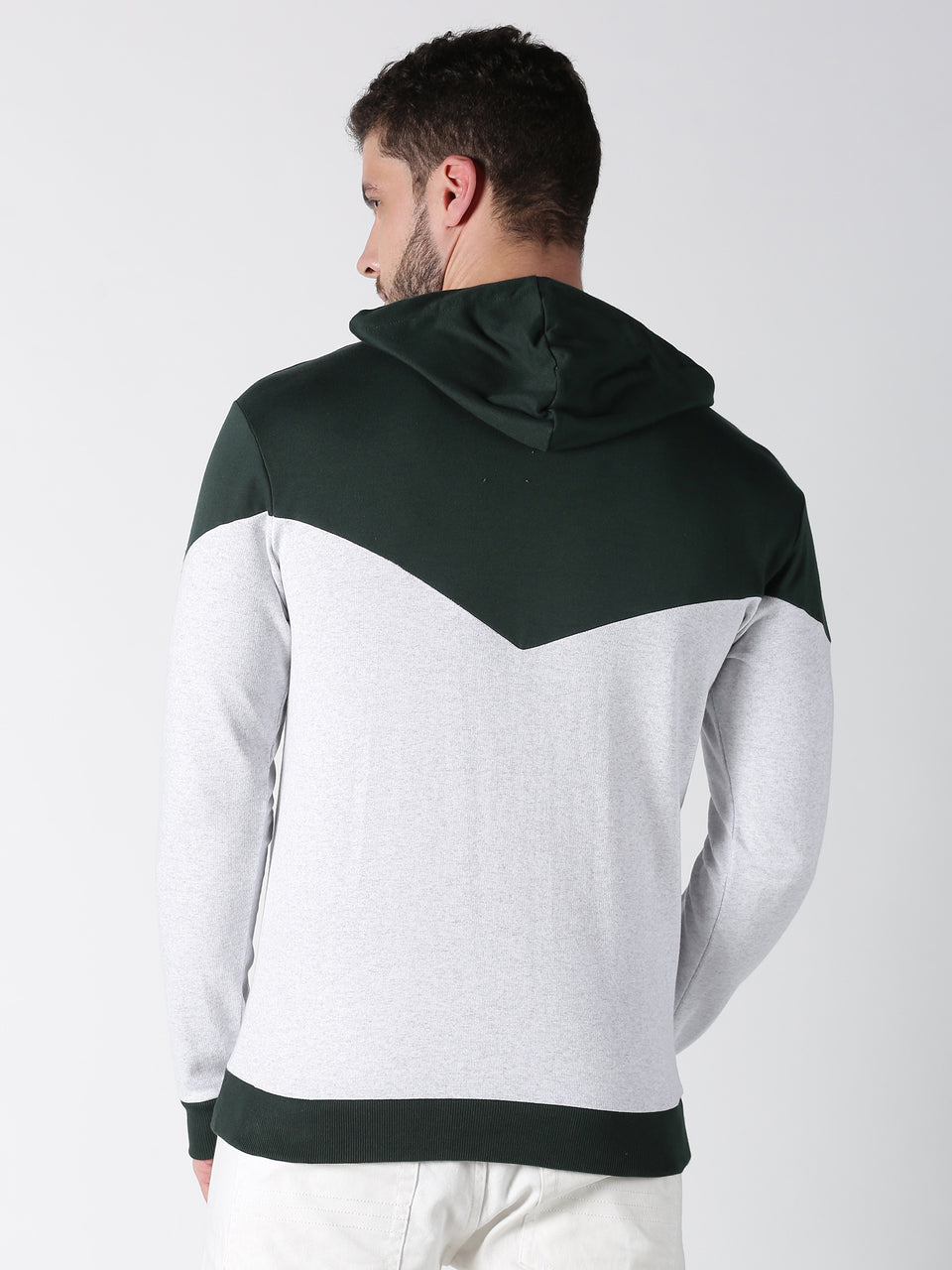Men Dark Green White Color Blocked Hooded Neck Full Sleeve Casual Pullover Hooded Sweatshirt