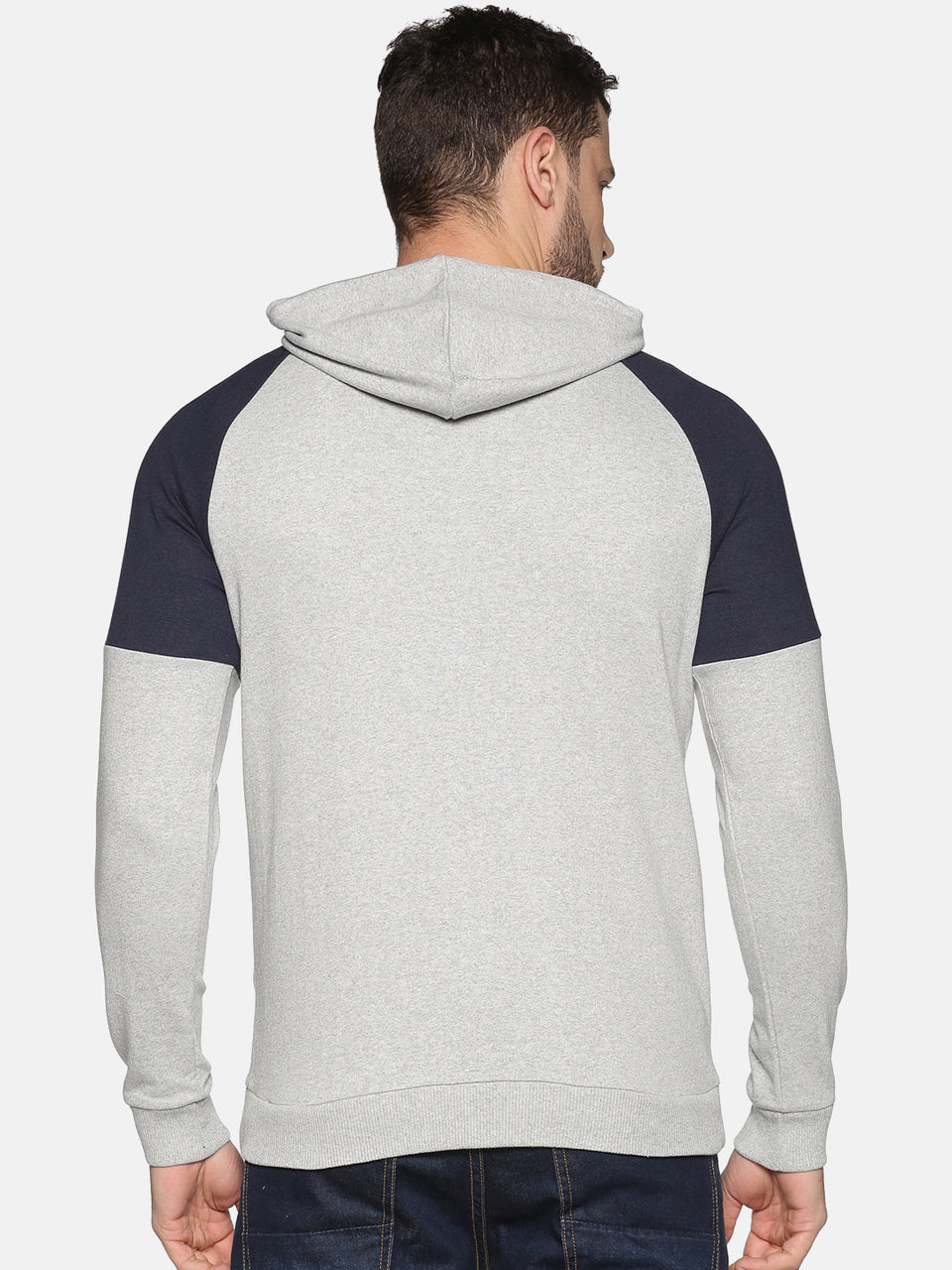 Men Grey Navy Blue Color Blocked Hooded Neck Full Sleeve Casual Front Open Zipper Hoodies Sweatshirt