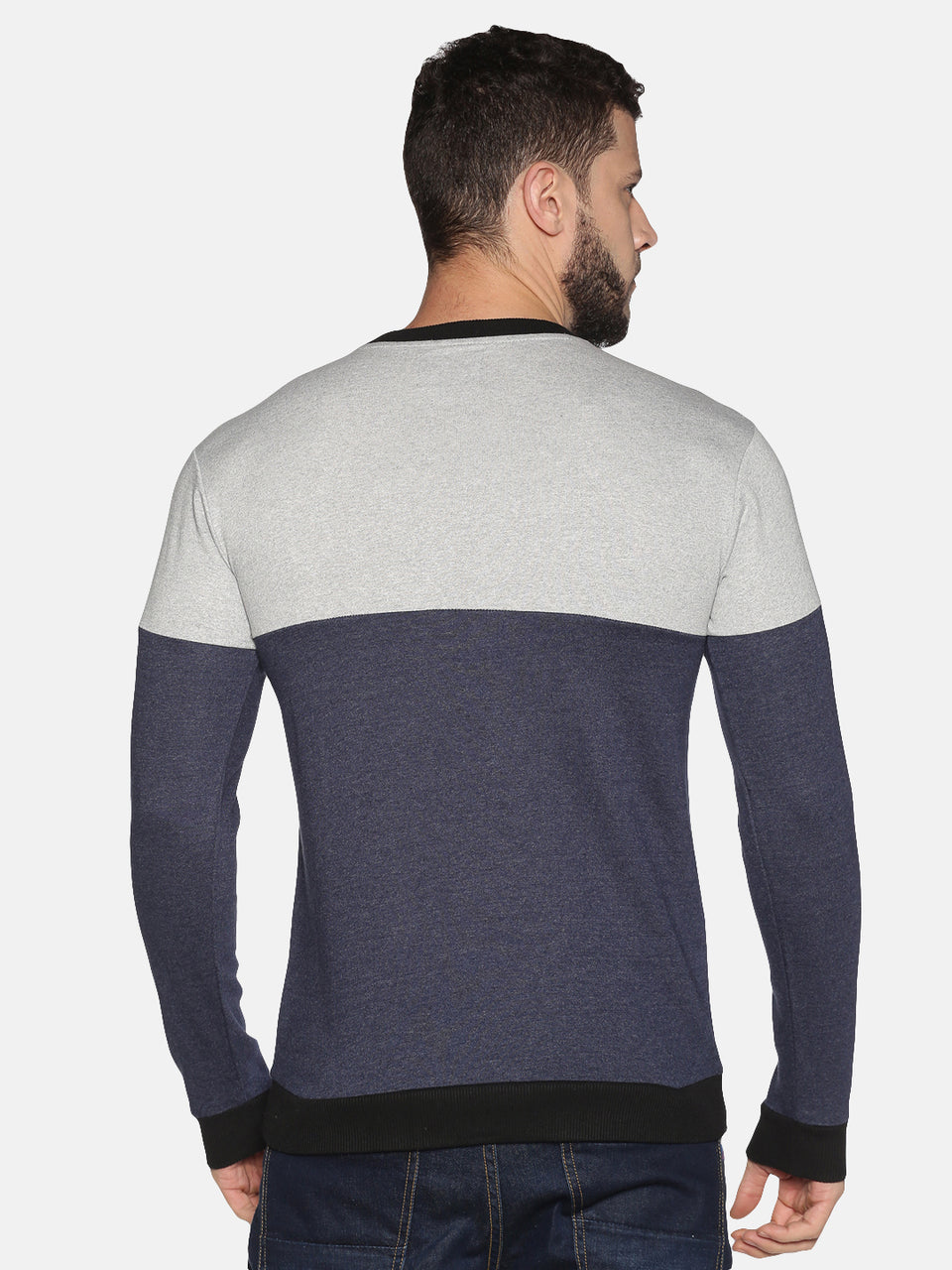 Men Grey Navy Blue Color Blocked Round Neck Full Sleeve Casual Pullover Sweatshirt