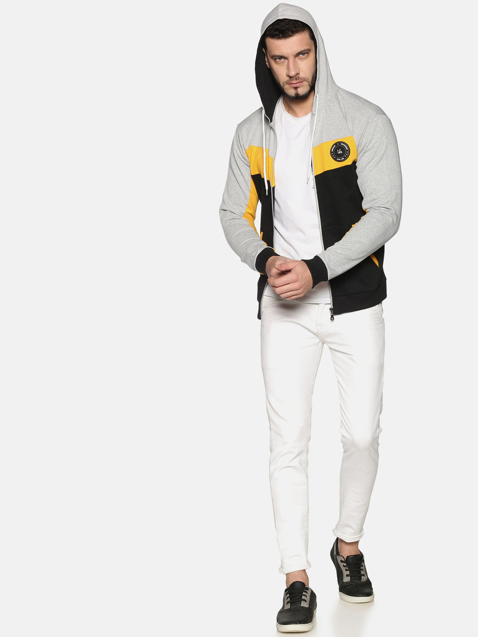 Men Black Yellow Grey Color Blocked Hooded Neck Full Sleeve Casual Front Open Zipper Hoodies Sweatshirt