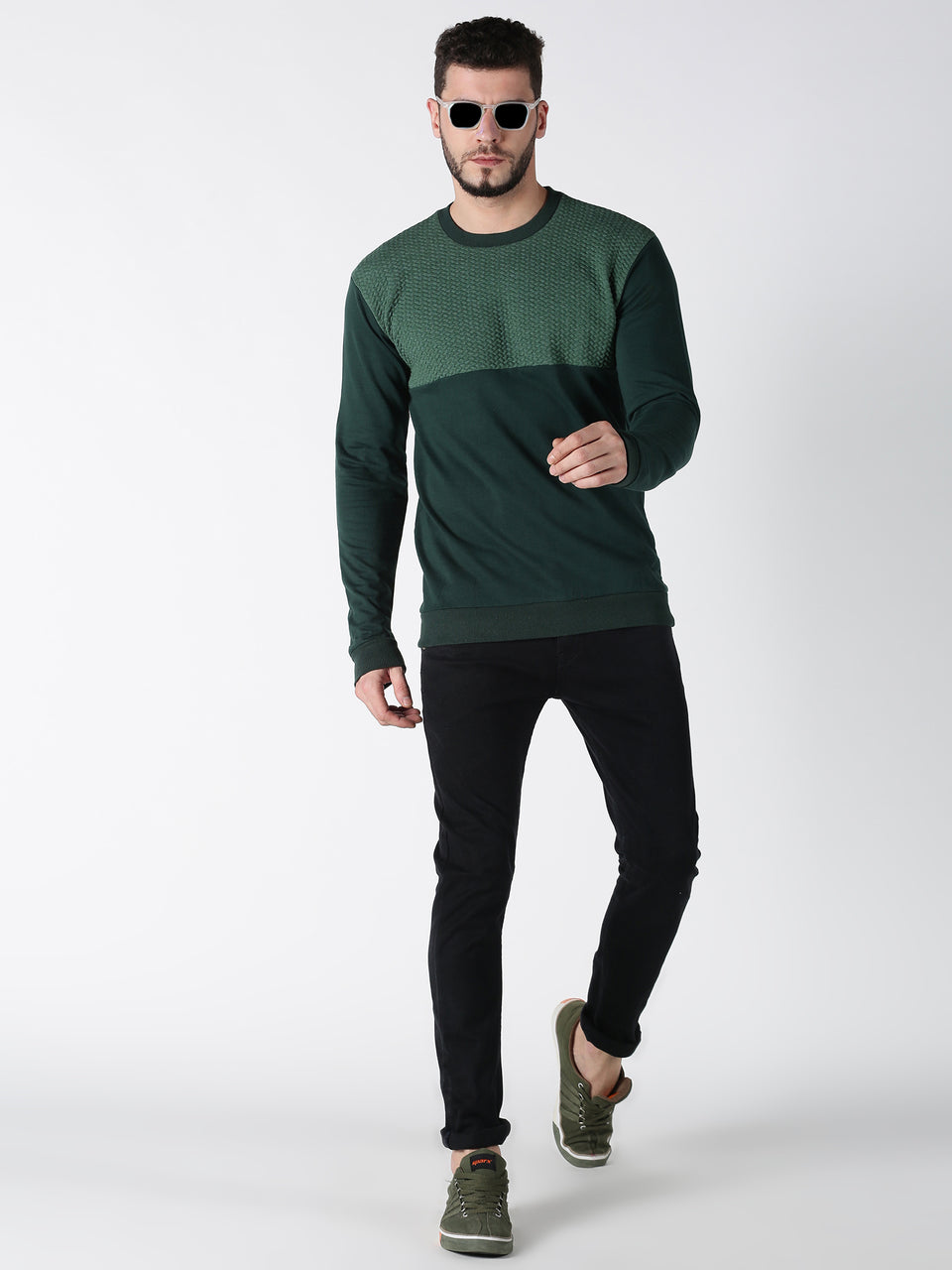 Men Green Quilt Knit Round Neck Recycled Cotton Full Sleeve Regular Fit Casual Pullover Waffle Sweatshirt