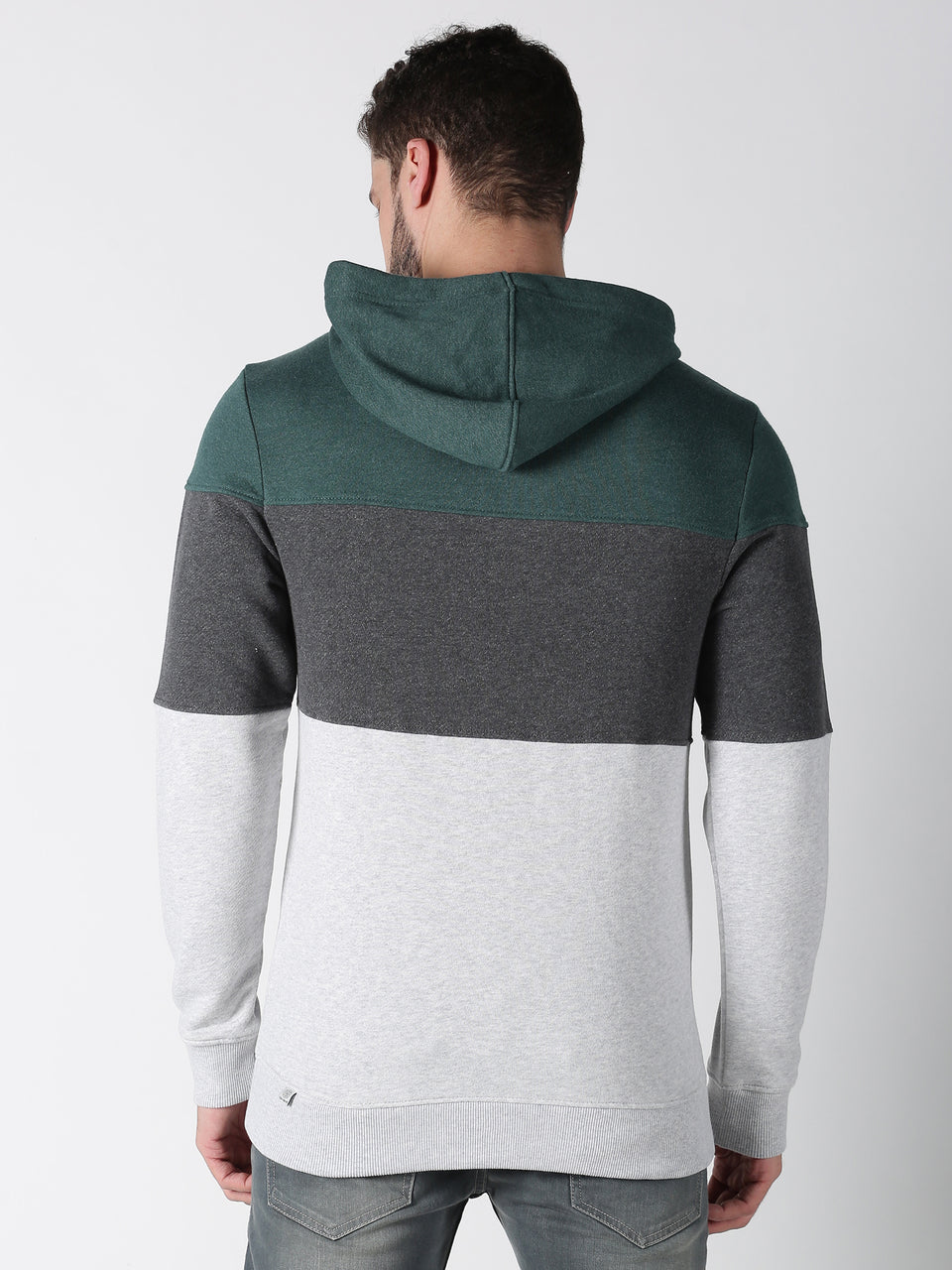 Men Green Grey Color Blocked Hooded Neck Full Sleeve Regular Fit Casual Pullover Winter Wear Hoodies Sweatshirt