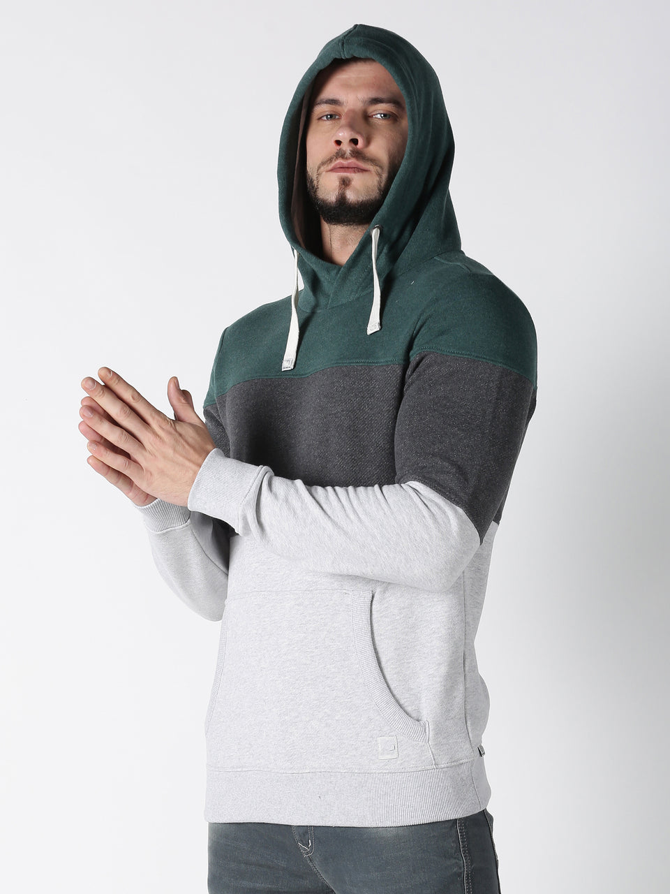 Men Green Grey Color Blocked Hooded Neck Full Sleeve Regular Fit Casual Pullover Winter Wear Hoodies Sweatshirt
