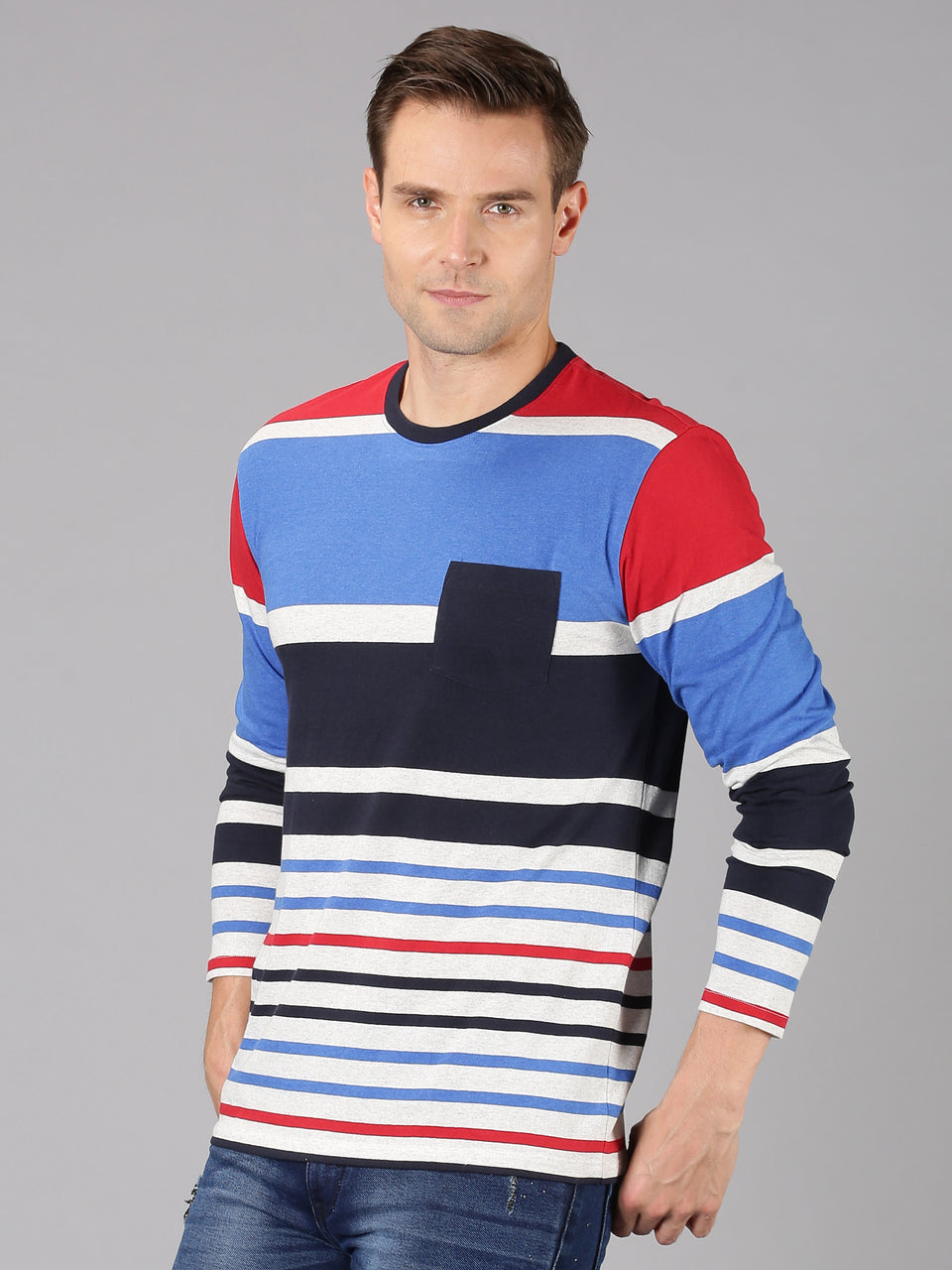 Men Blue Red Multicolor Striped Round Neck Recycled Cotton Full Sleeve Regular Fit Casual T-Shirt