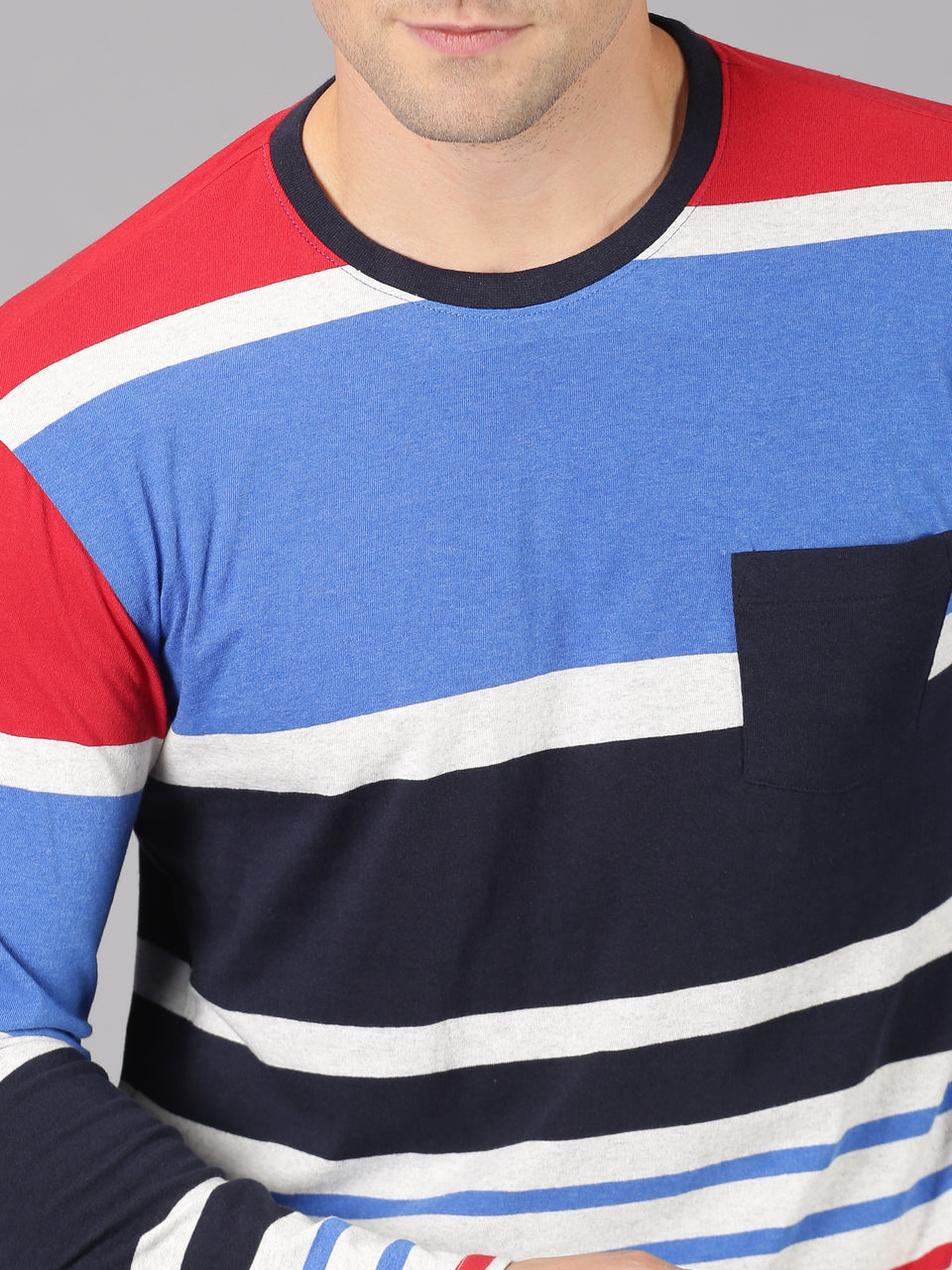 Men Blue Red Multicolor Striped Round Neck Recycled Cotton Full Sleeve Regular Fit Casual T-Shirt