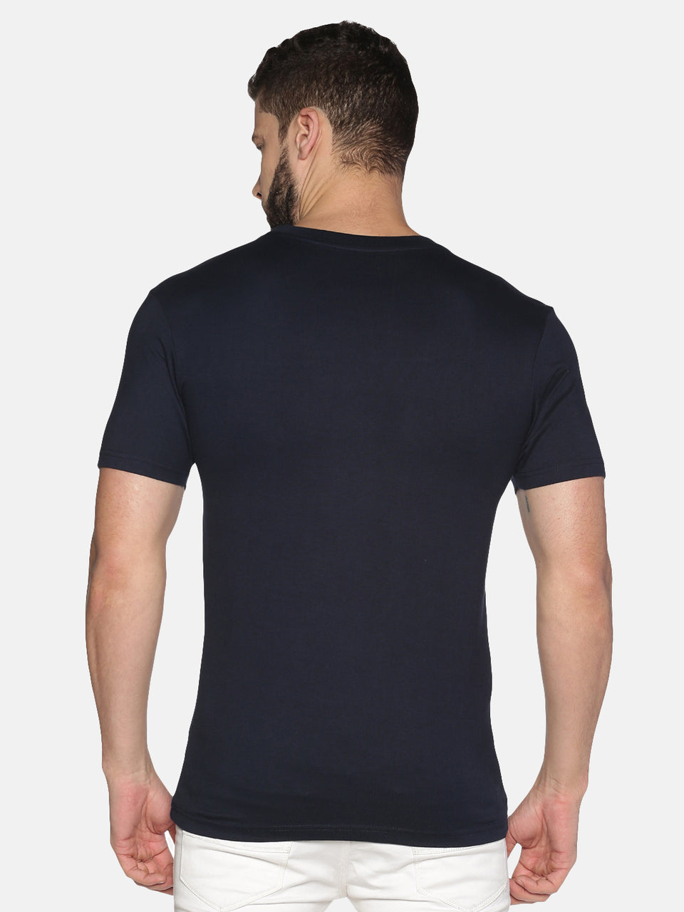 Men Navy Blue Front Typographic Printed Round Neck Organic Pure Cotton Half Sleeve Regular Fit Casual T-Shirt