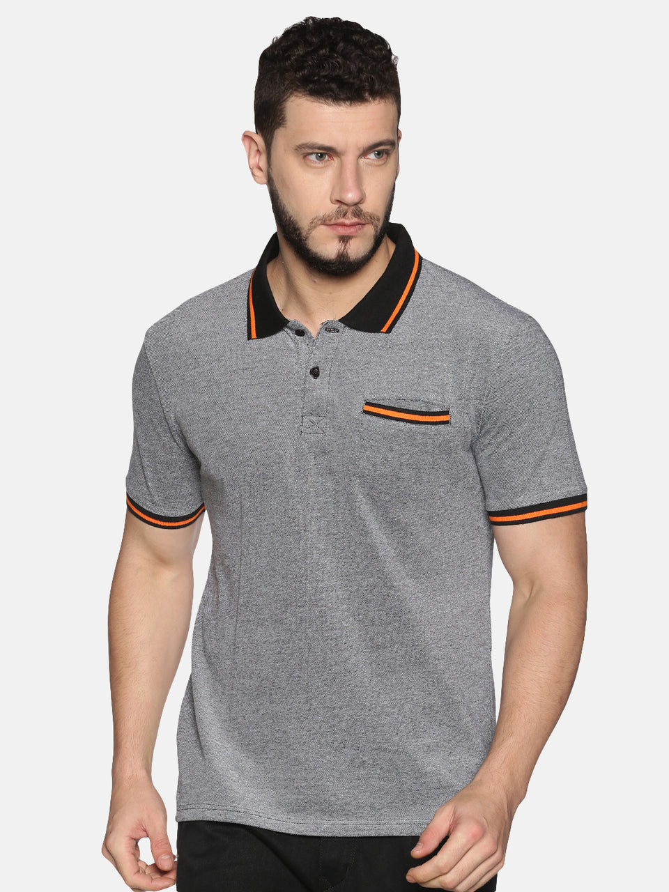 Men Grey Orange Tipping Birds Eye Pique Polo Collared Neck Half Sleeve Regular Fit Casual T-Shirt with Pocket
