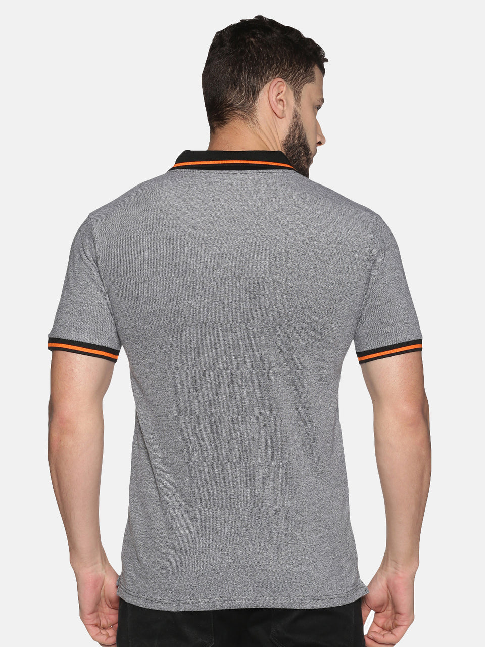 Men Grey Orange Tipping Birds Eye Pique Polo Collared Neck Half Sleeve Regular Fit Casual T-Shirt with Pocket