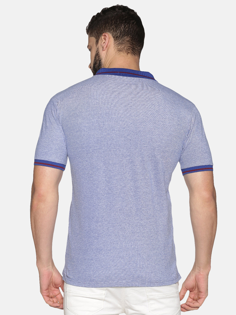 Men Blue White Red Tipping Collar Birds Eye Pique Polo Collared Neck Half Sleeve Regular Fit Casual T-Shirt with Pocket