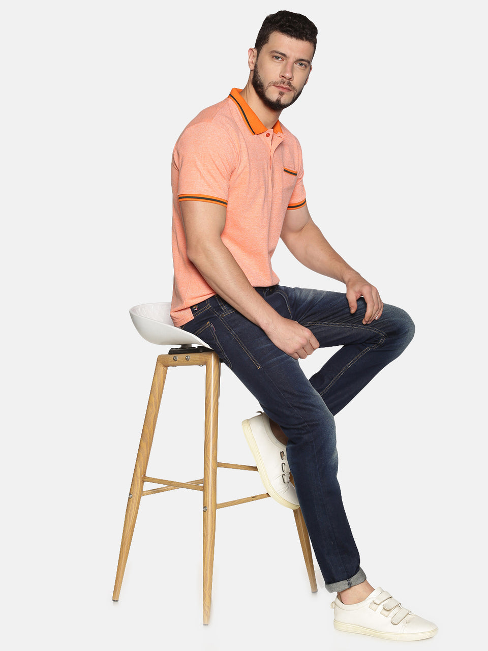 Men Orange Green Tipping Collar Birds Eye Pique Polo Collared Neck Half Sleeve Regular Fit Casual T-Shirt with Pocket
