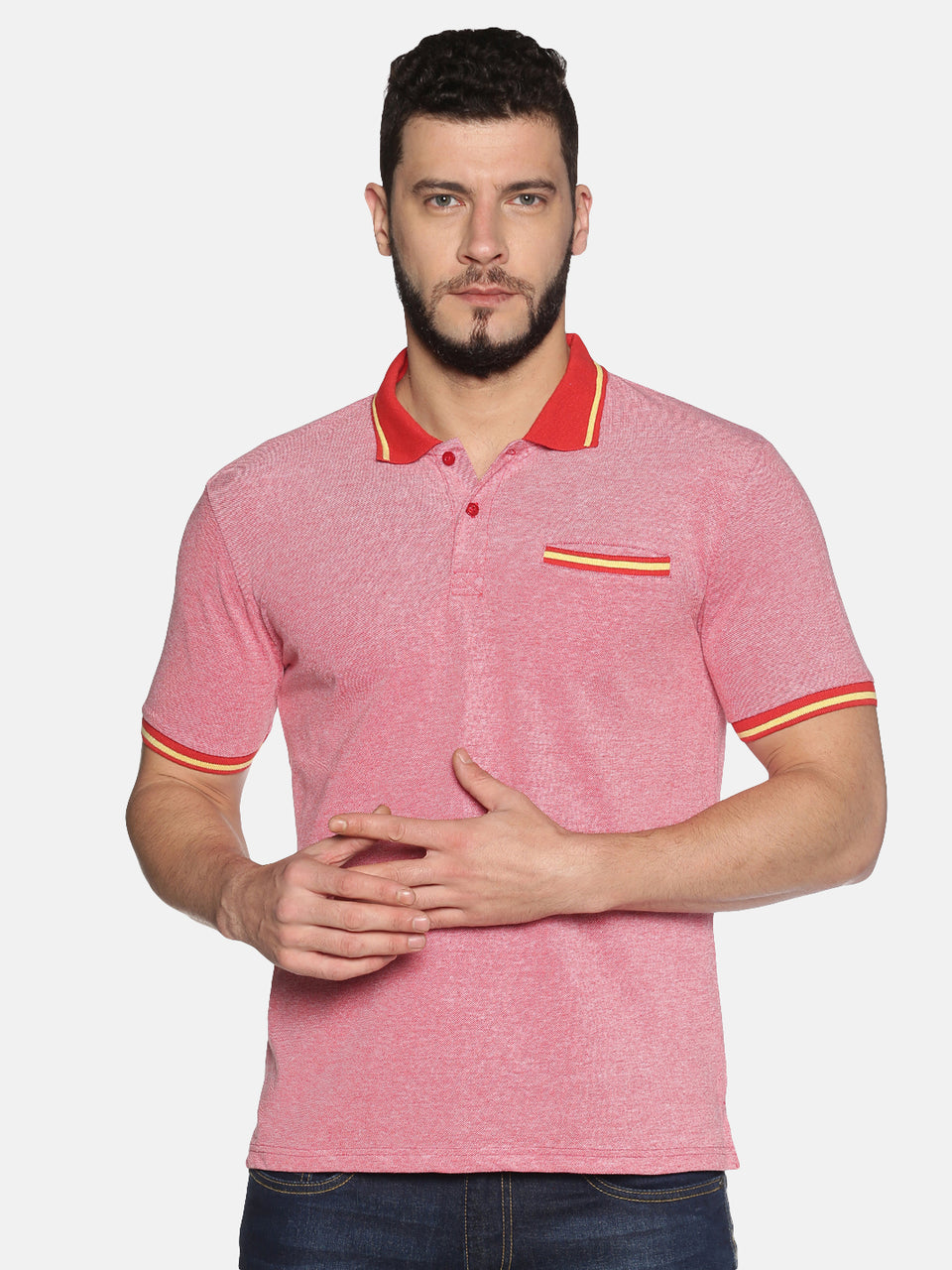 Men Red White Yellow Tipping Collar Birds Eye Pique Polo Collared Neck Half Sleeve Regular Fit Casual T-Shirt with Pocket