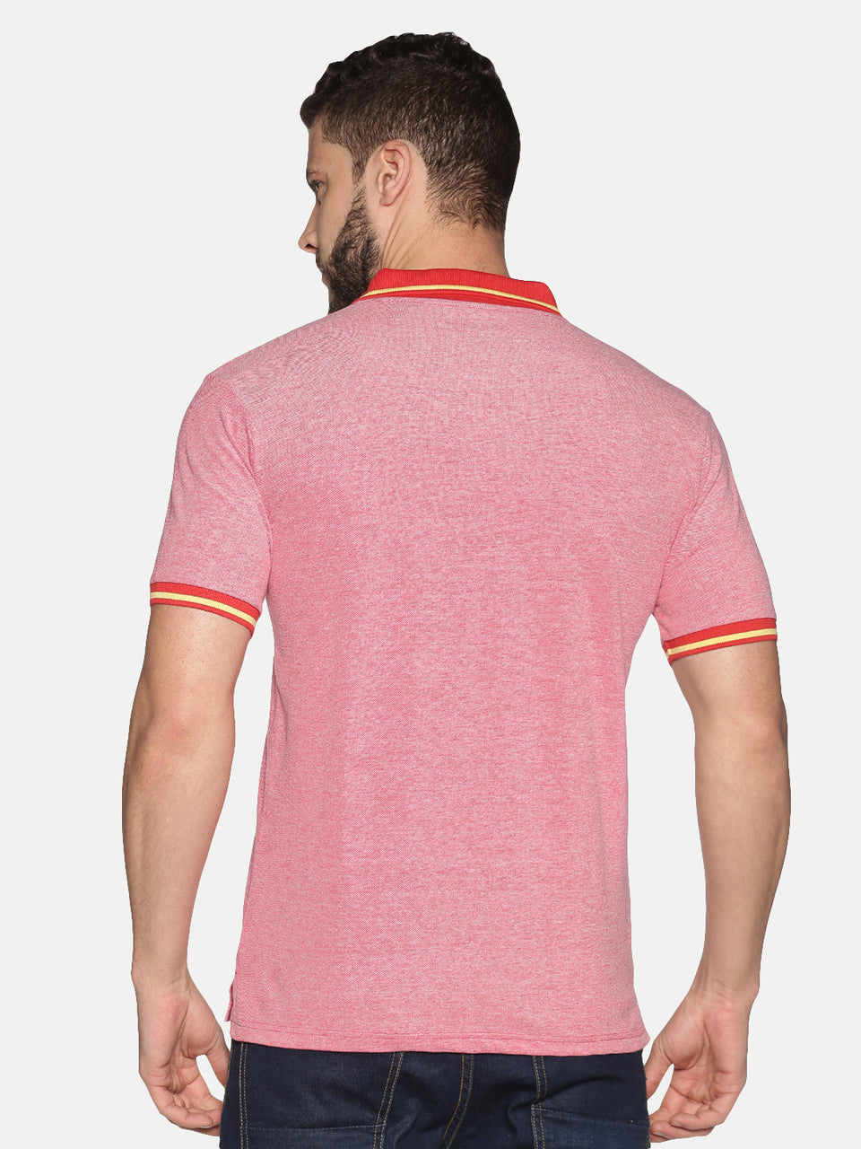 Men Red White Yellow Tipping Collar Birds Eye Pique Polo Collared Neck Half Sleeve Regular Fit Casual T-Shirt with Pocket