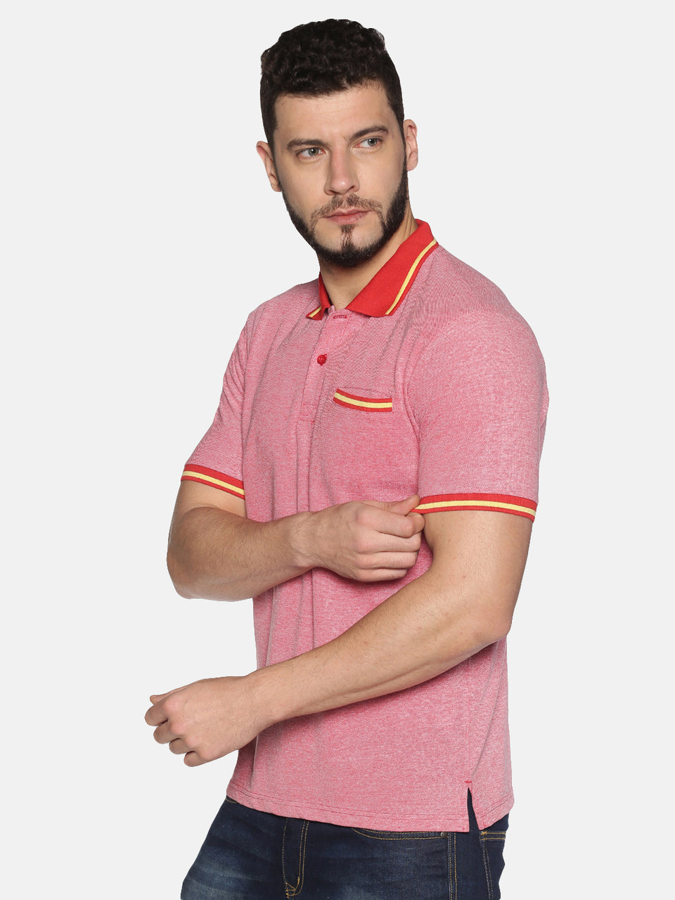 Men Red White Yellow Tipping Collar Birds Eye Pique Polo Collared Neck Half Sleeve Regular Fit Casual T-Shirt with Pocket