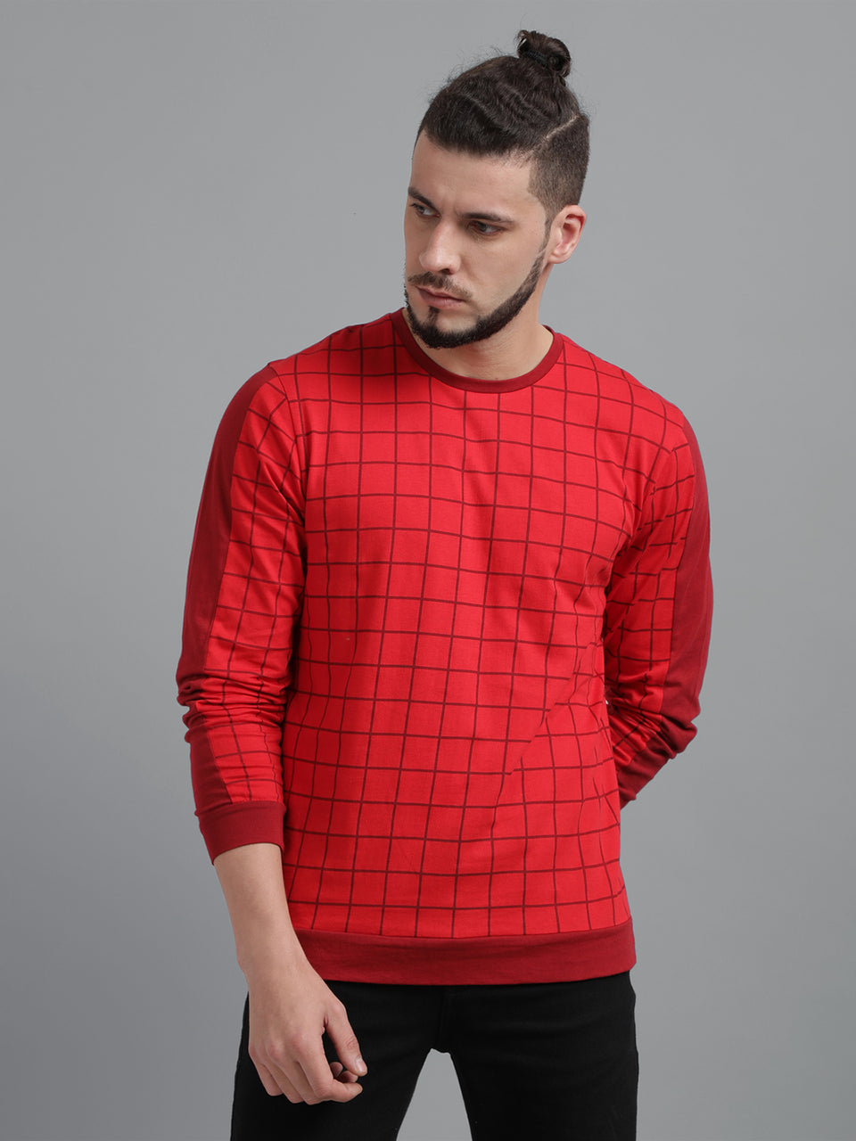 Men Red Checked Printed Round Neck Recycled Cotton Full Sleeve Regular Fit Casual T-Shirt