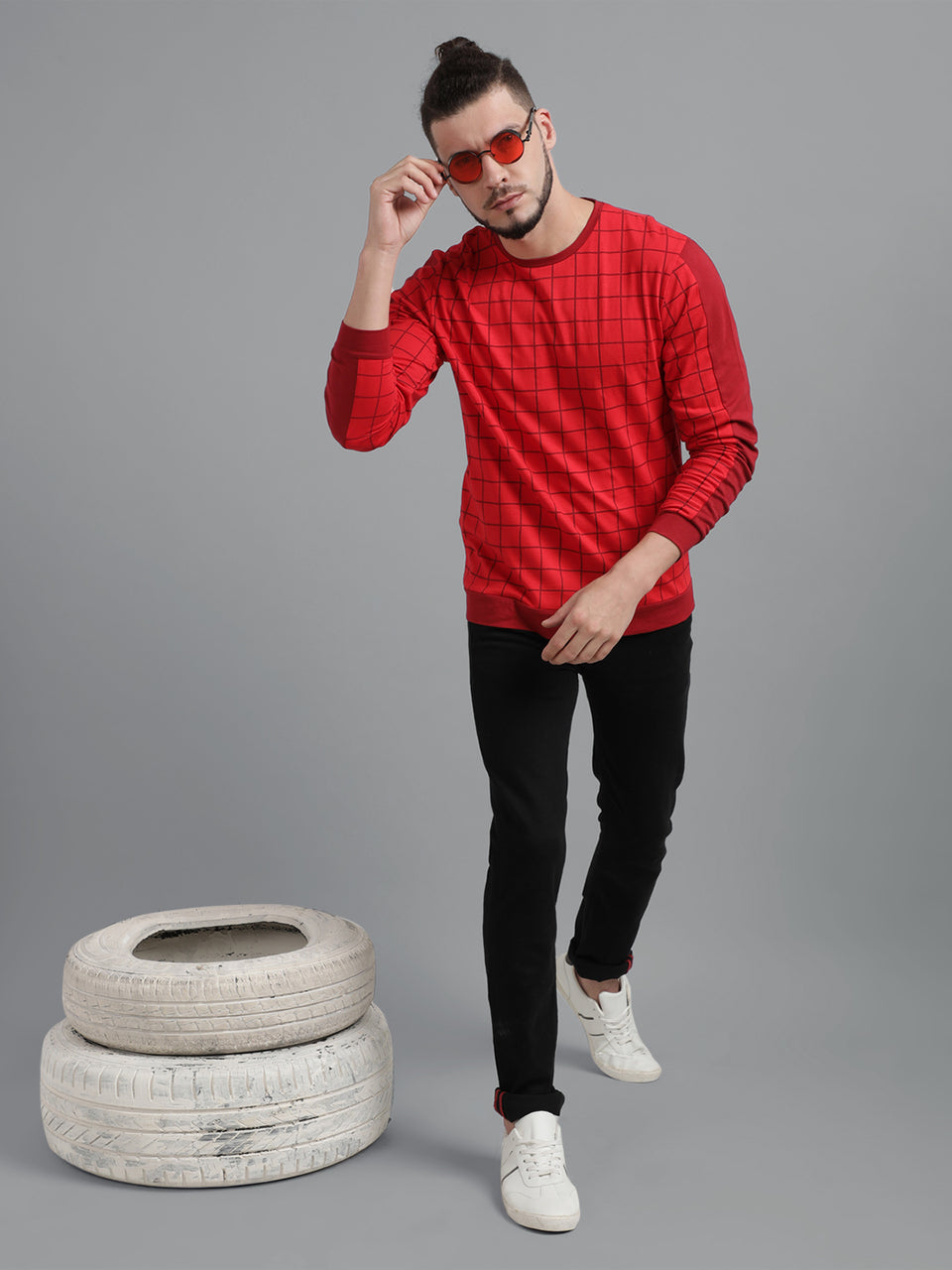 Men Red Checked Printed Round Neck Recycled Cotton Full Sleeve Regular Fit Casual T-Shirt