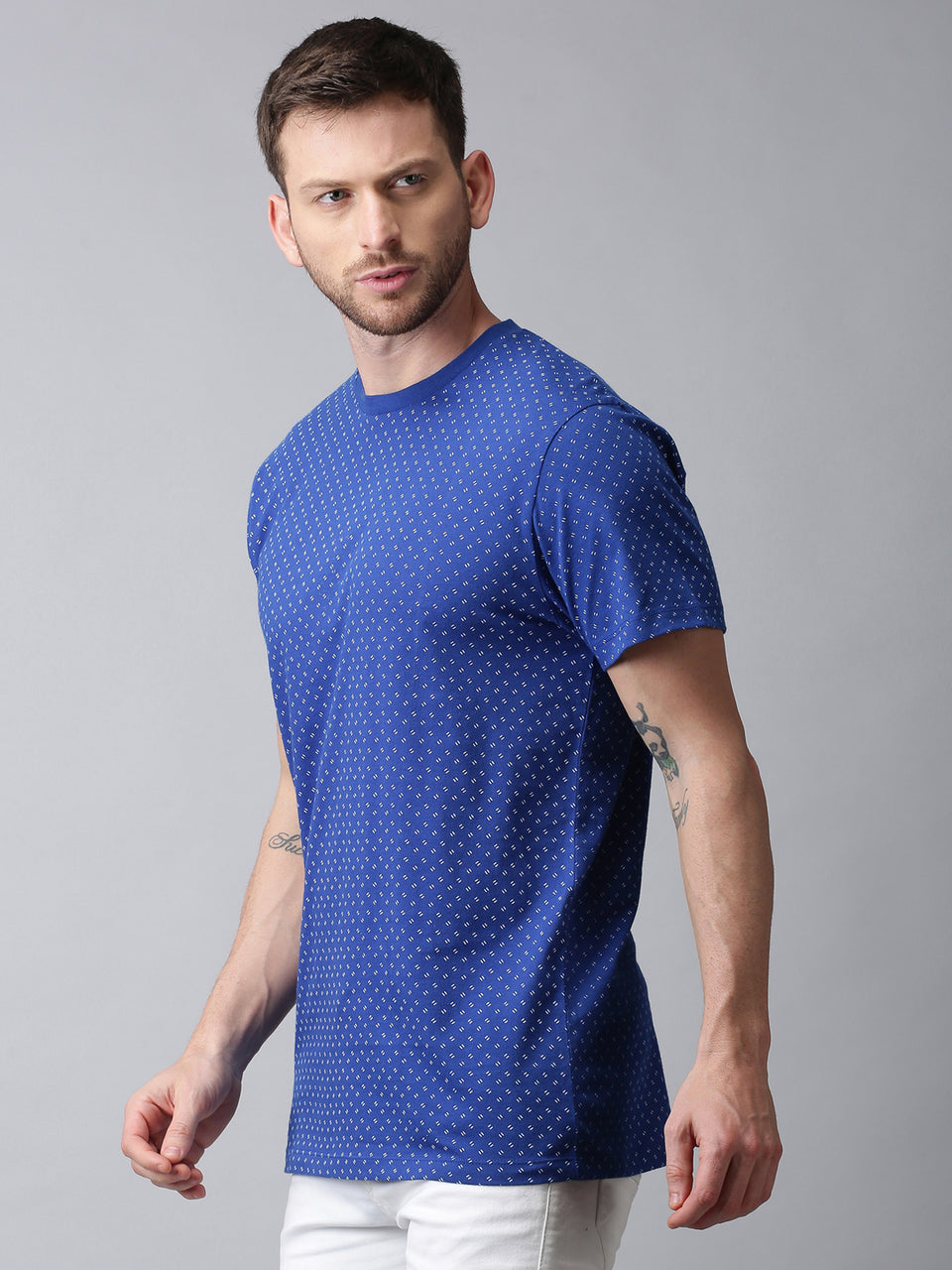 Men Blue All Over Printed Round Neck Pure Cotton Half Sleeve Casual T-Shirt