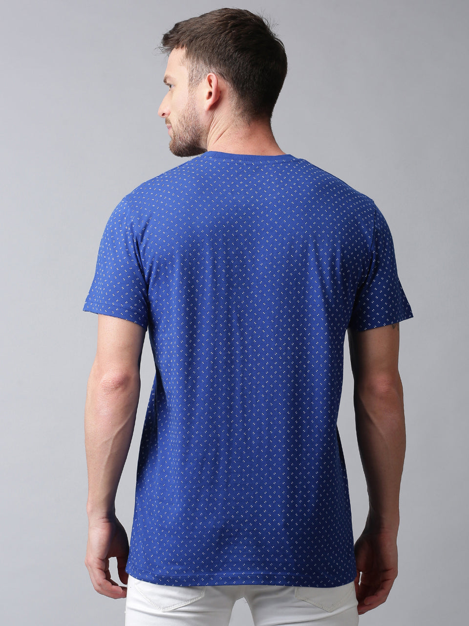 Men Blue All Over Printed Round Neck Pure Cotton Half Sleeve Casual T-Shirt