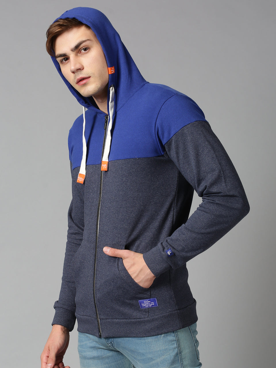 Men Blue Color Blocked Hooded Neck Recycled Cotton Full Sleeve Regular Fit Front Open with Zipper Hoodies Sweatshirt