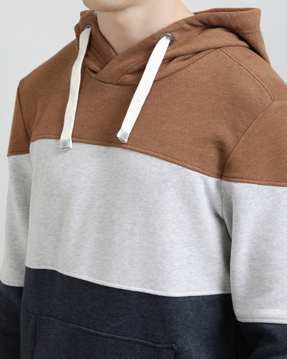 Men Brown Grey Color Blocked Hooded Neck Recycled Cotton Full Sleeve Regular Fit Casual Pullover Hoodies Sweatshirt