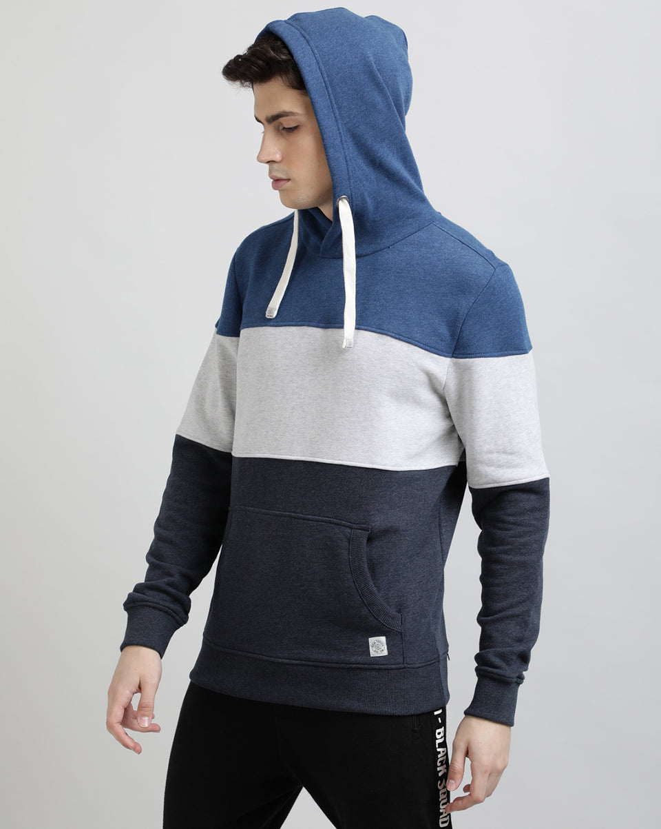 Men Royal Blue Grey Navy Color Blocked Hooded Neck Recycled Cotton Full Sleeve Regular Fit Casual Pullover Hoodies Sweatshirt