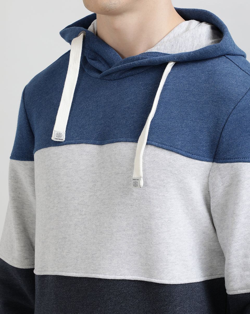 Men Royal Blue Grey Navy Color Blocked Hooded Neck Recycled Cotton Full Sleeve Regular Fit Casual Pullover Hoodies Sweatshirt