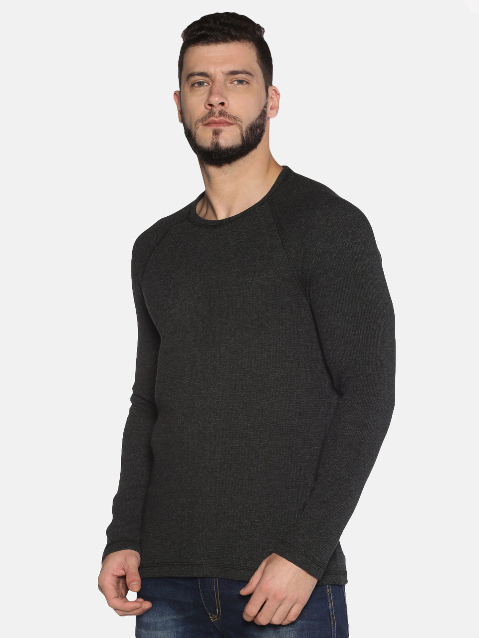 Men Black Solid Waffle Round Neck Recycled Cotton Full Sleeve Regular Fit Casual Pullover Sweatshirt