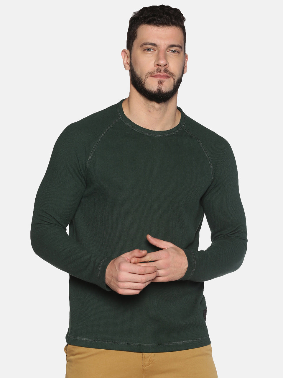 Men Olive Green Plain Solid Round Neck Pure Cotton Full Sleeve Casual Sweatshirt