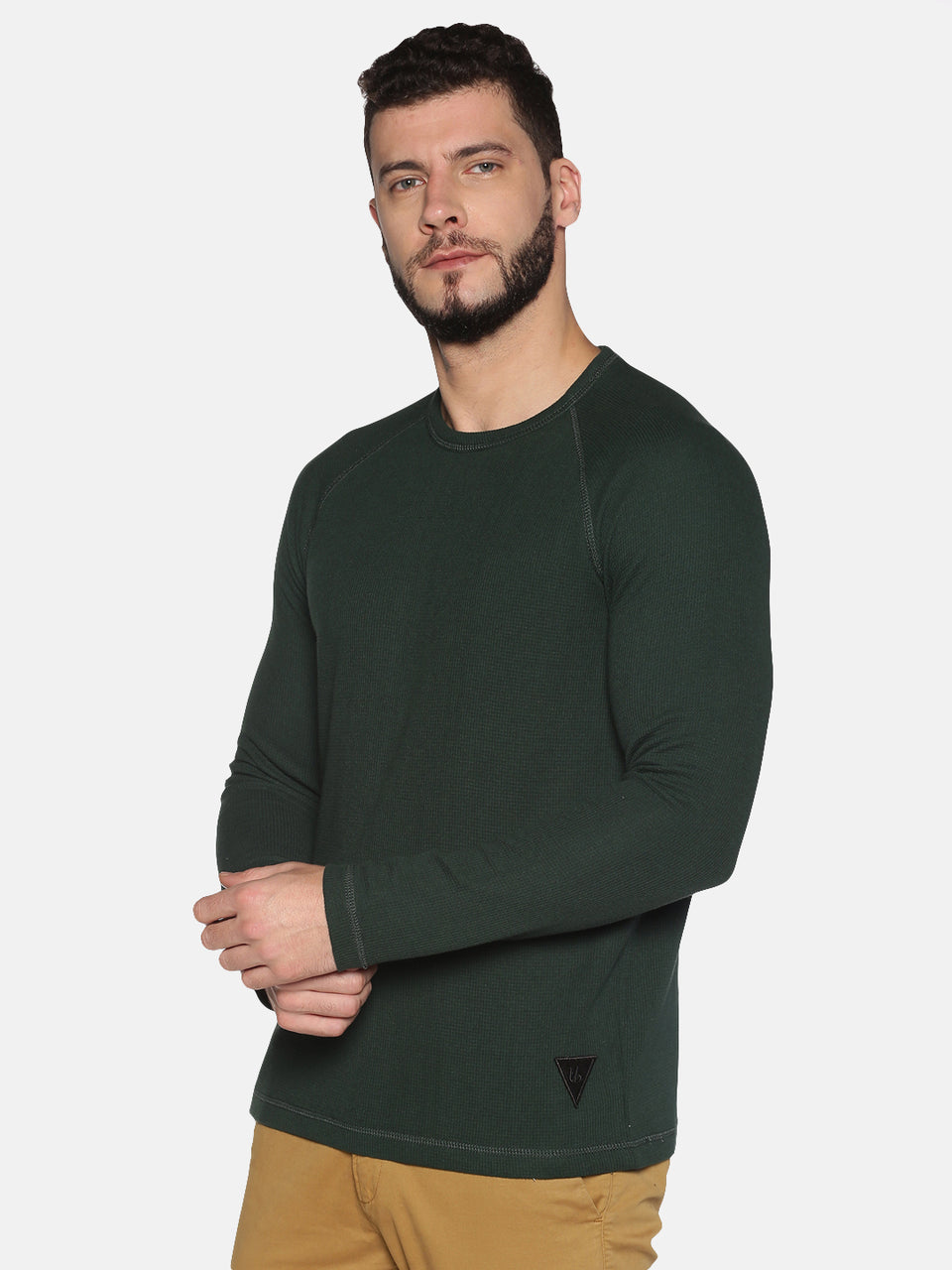 Men Olive Green Plain Solid Round Neck Pure Cotton Full Sleeve Casual Sweatshirt