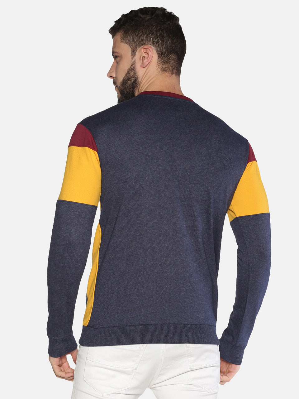 Men Navy Blue Yellow Maroon Color Blocked Round Neck Full Sleeve Pullover Casual Sweatshirt