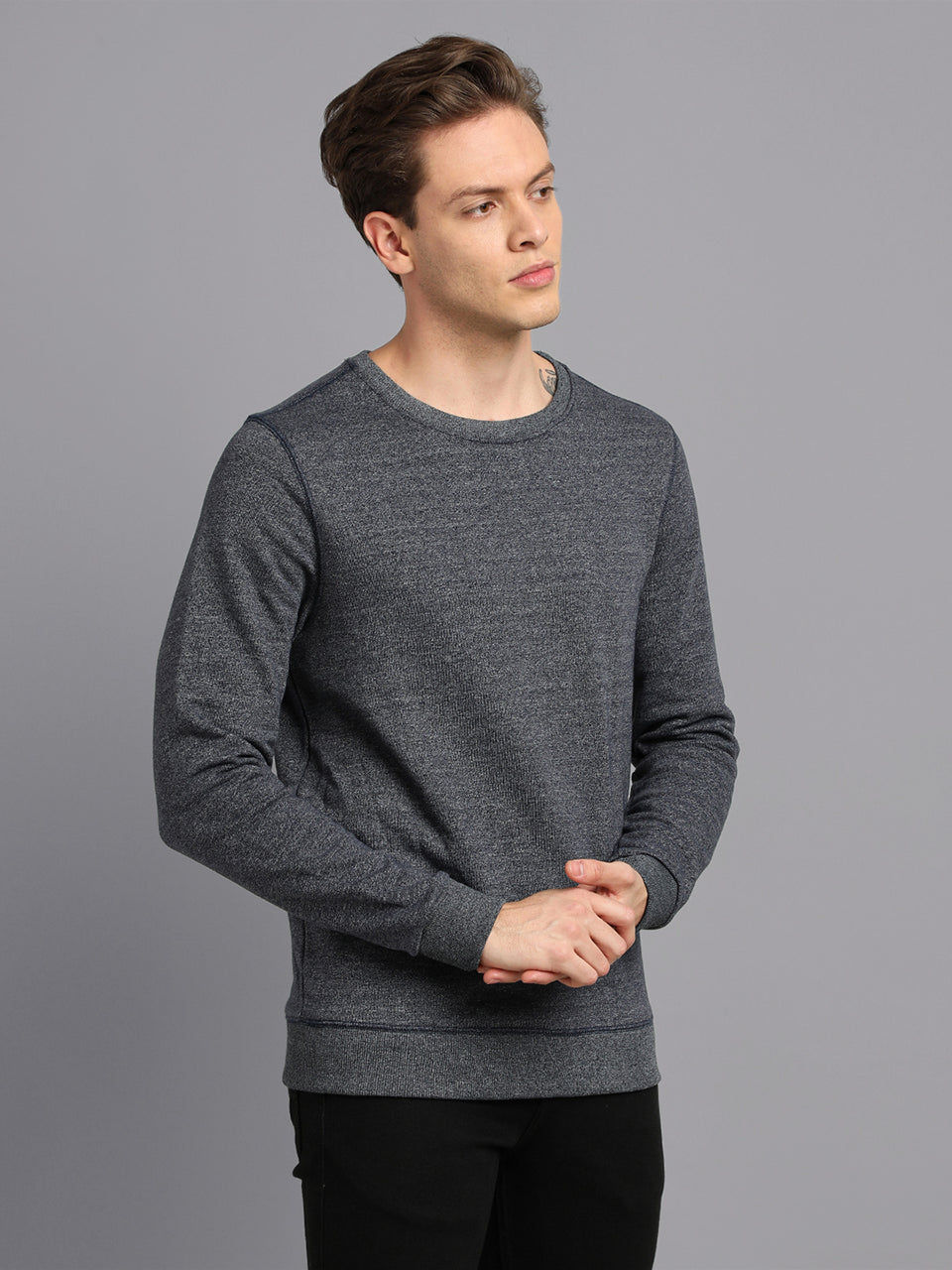 Men Grey Solid Tipping Round Neck Recycled Cotton Full Sleeve Regular Fit Casual Pullover Sweatshirt
