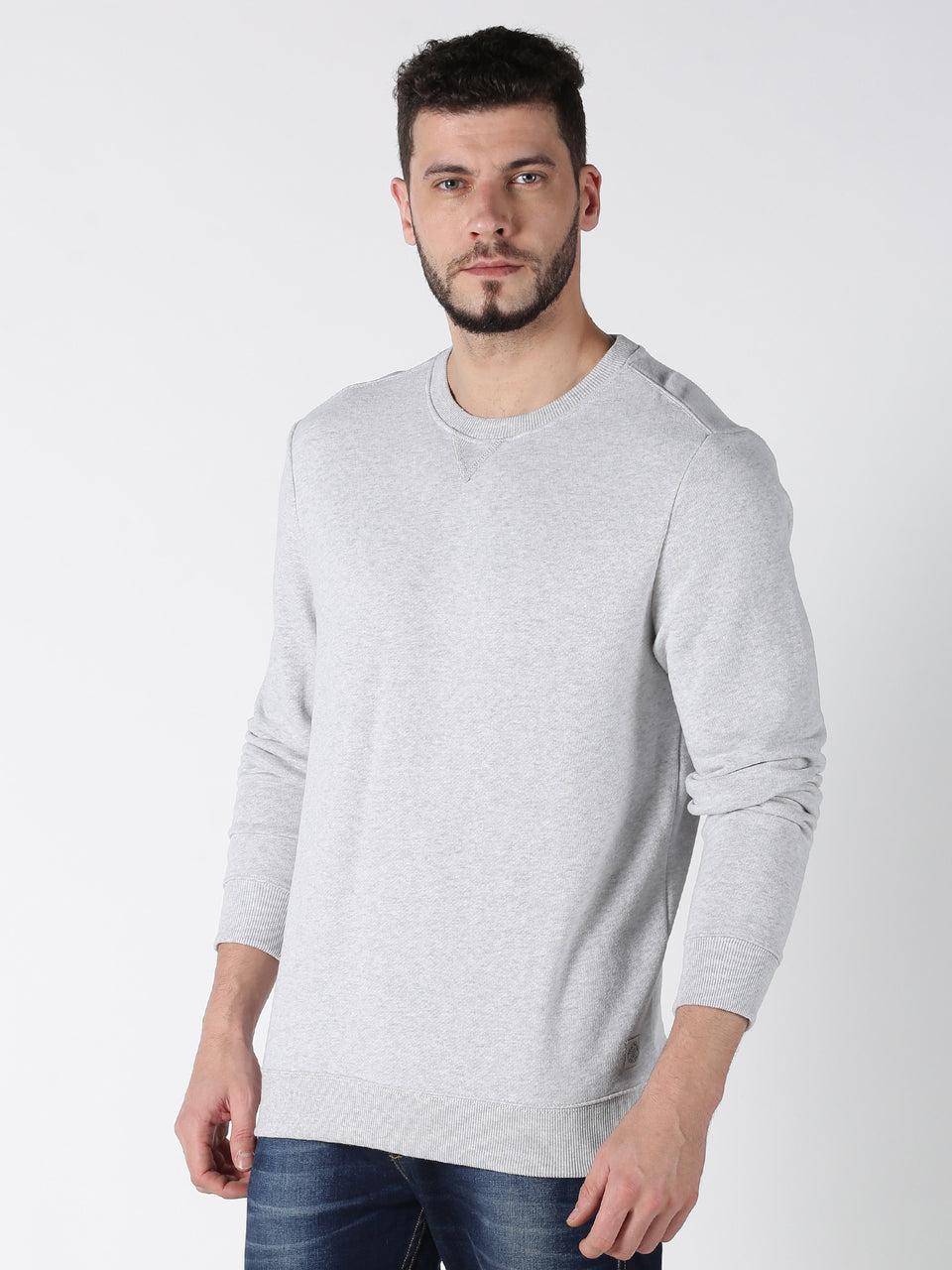 Men Grey Melange Plain Solid Self Design Recycled Cotton Full Sleeve Regular Fit Casual Pullover Sweatshirt