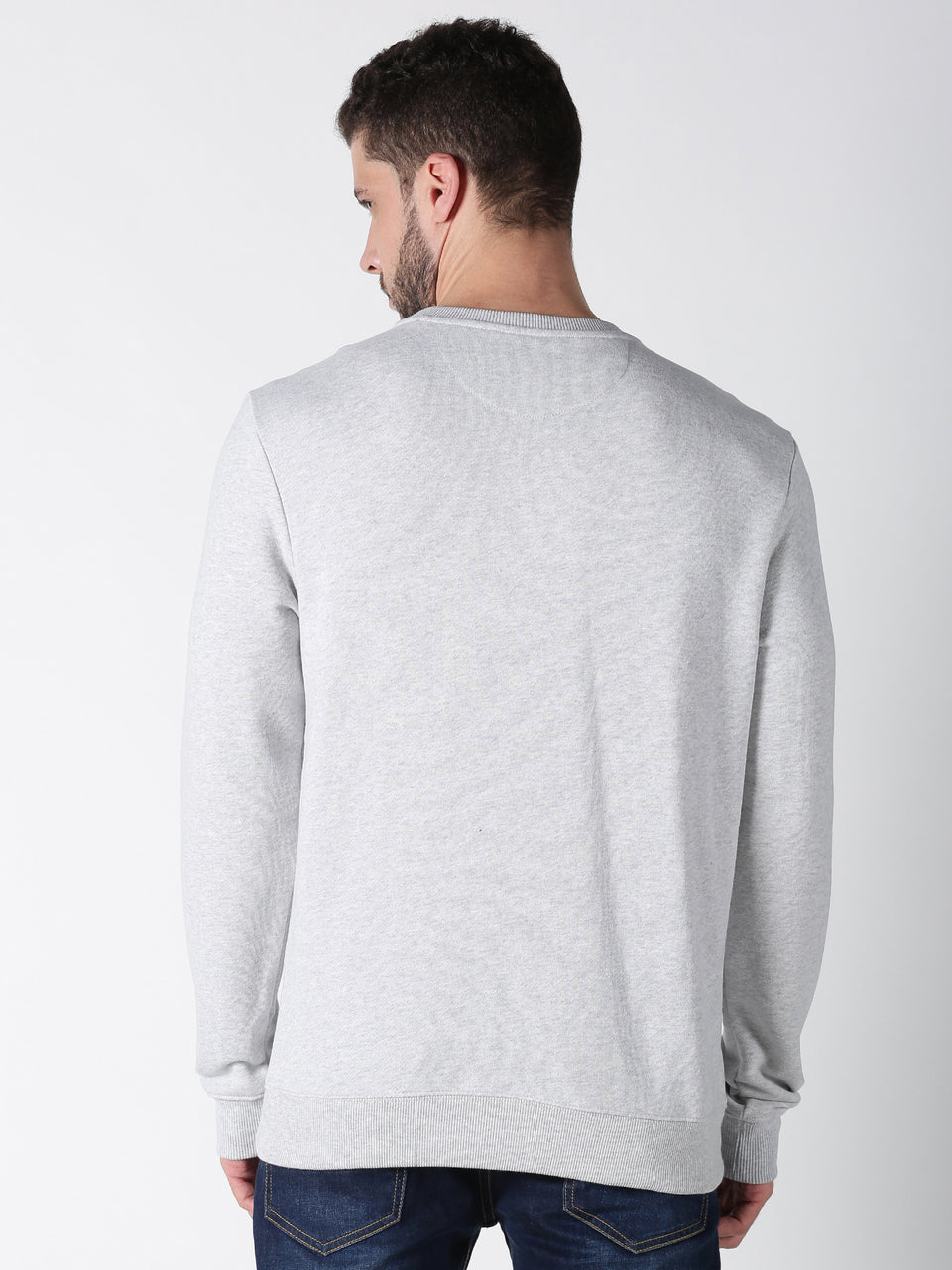 Men Grey Melange Plain Solid Self Design Recycled Cotton Full Sleeve Regular Fit Casual Pullover Sweatshirt