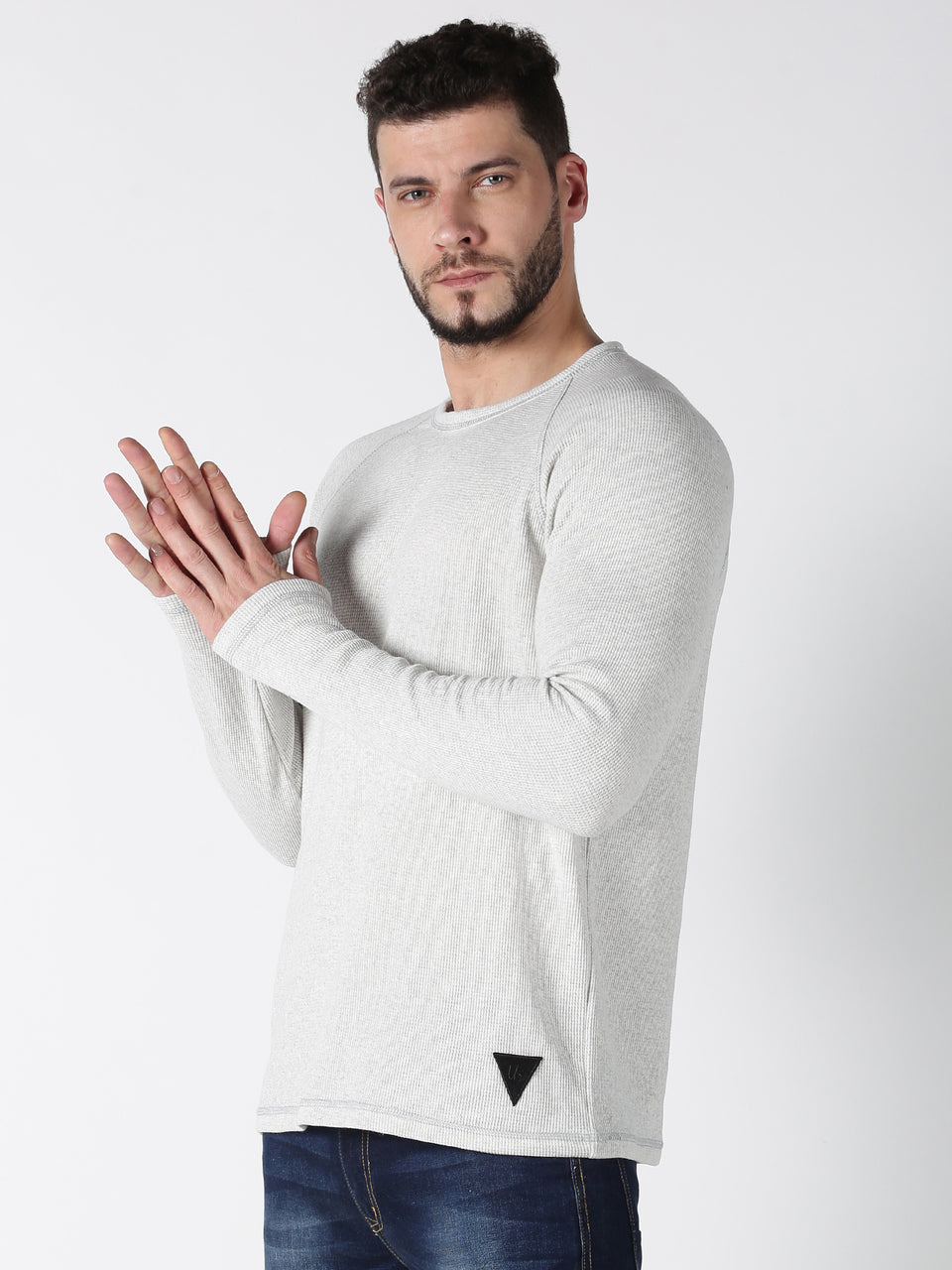 Men Grey Plain Solid Waffle Self Design Round Neck Recycled Cotton Full Sleeve Casual Pullover Sweatshirt
