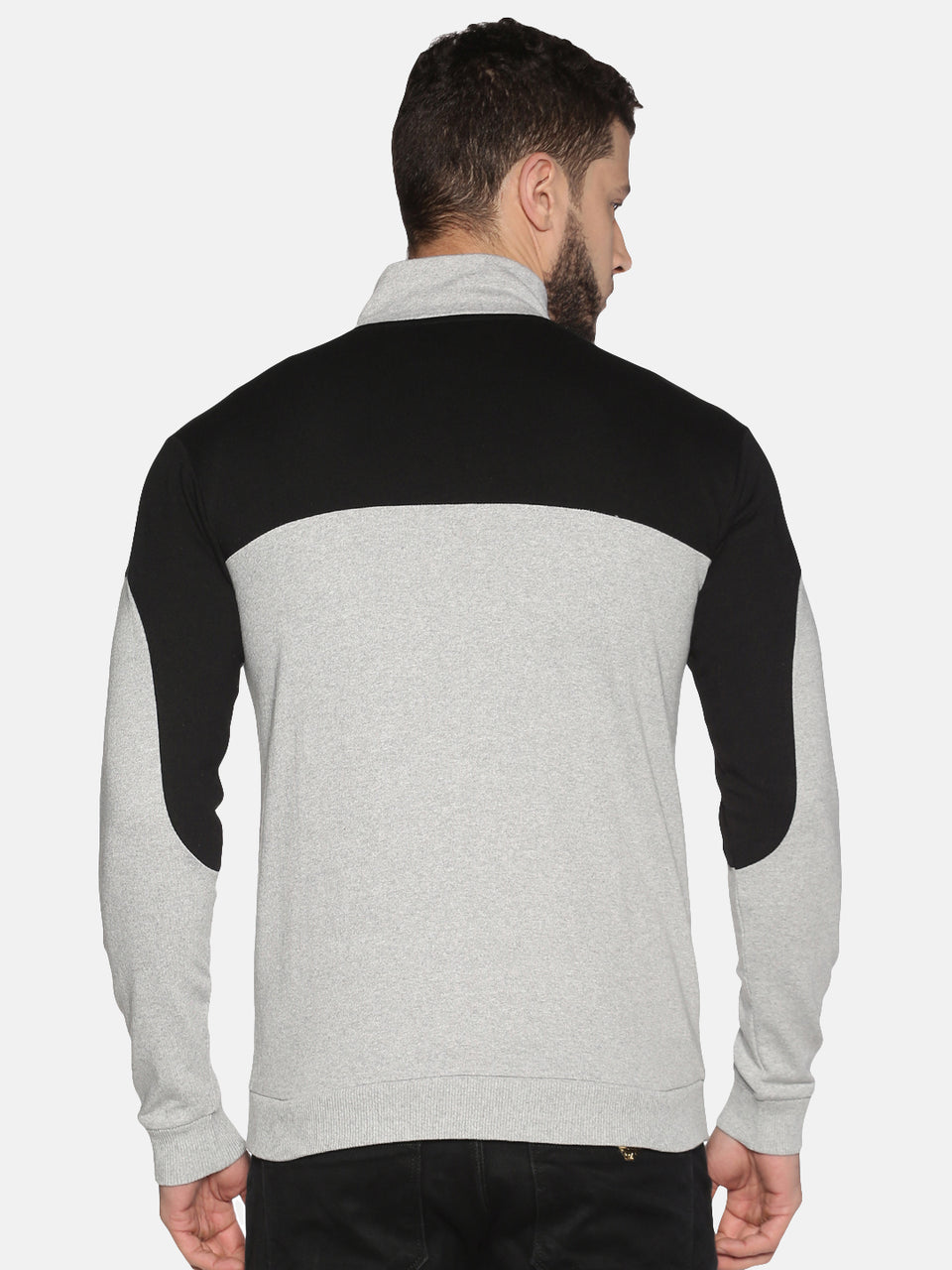 Men Grey Black Color Blocked High Neck Front Open Zipper Full Sleeve Casual Sweatshirt