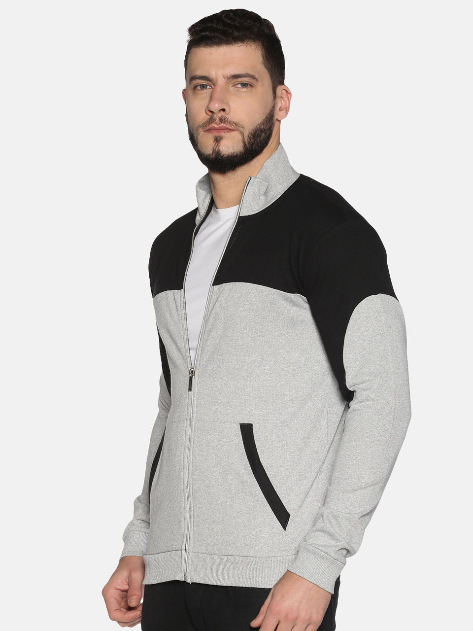 Men Grey Black Color Blocked High Neck Front Open Zipper Full Sleeve Casual Sweatshirt